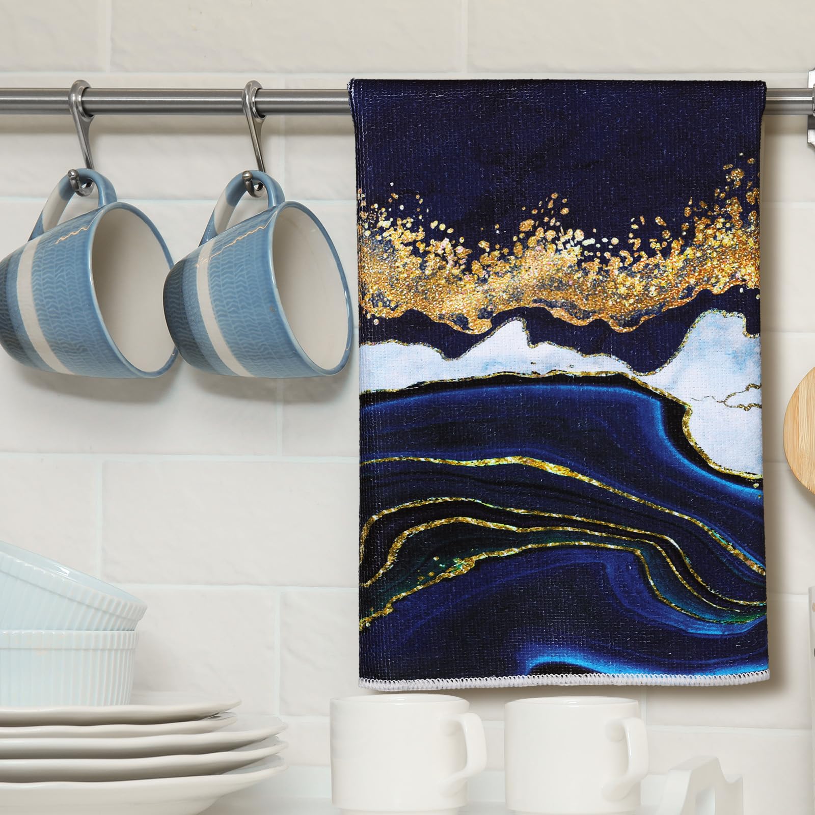 Bencailor 6 Pcs Halloween Skull Kitchen Towels Turquoise Navy Dish Towels Blue Gold Marble Tea Towels Gothic Skeleton Chef Hand