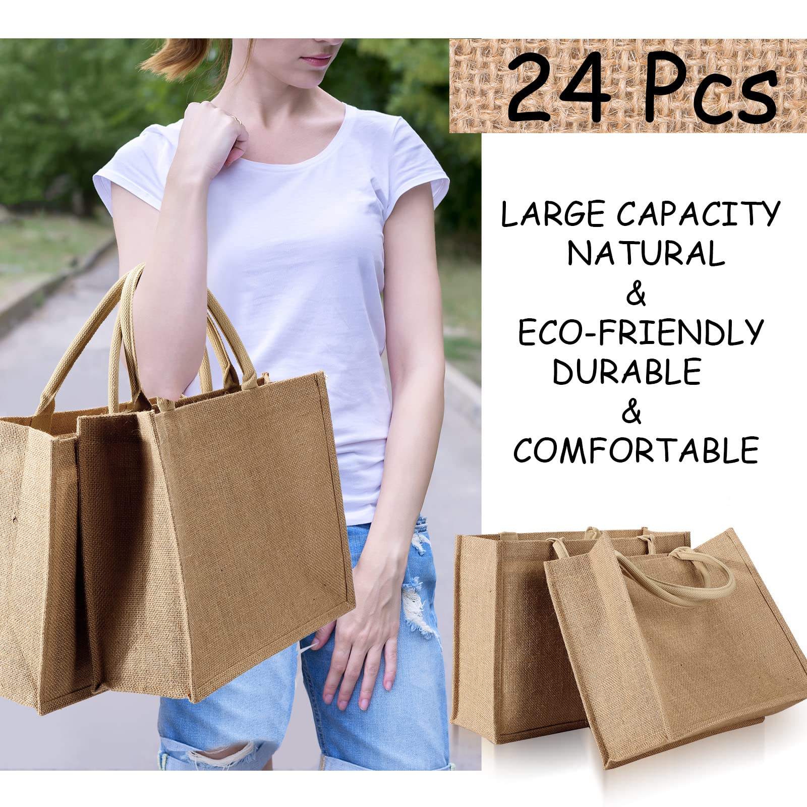 Reginary 24 Pack Burlap Jute Tote Bags Bulk Large Jute Tote Bags With Handles