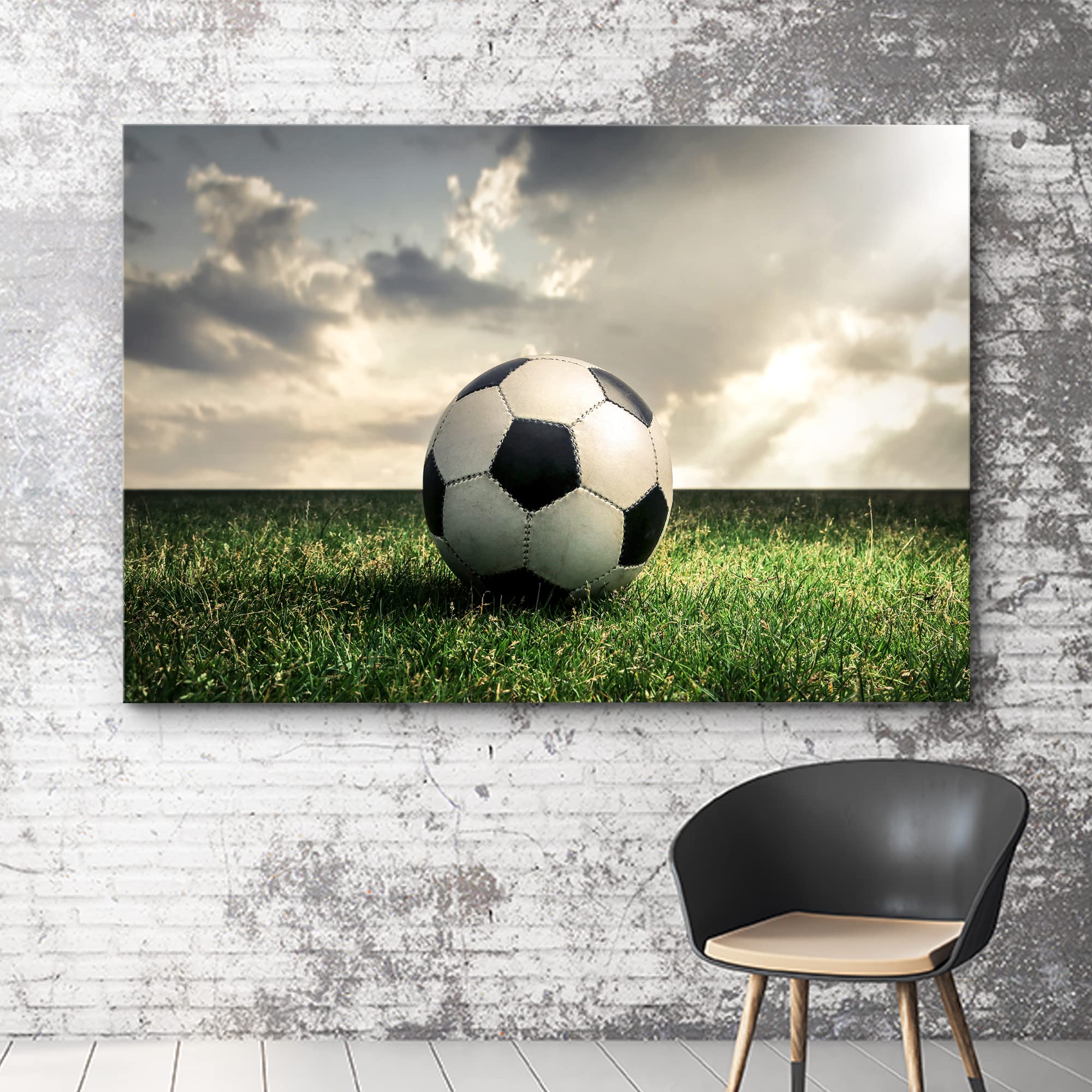 Wall26 Canvas Print Wall Art Sunlight Cloudy Sky Soccer Ball Green Field Sports & Fitness Athletes Photography Realism Boy'S Bed