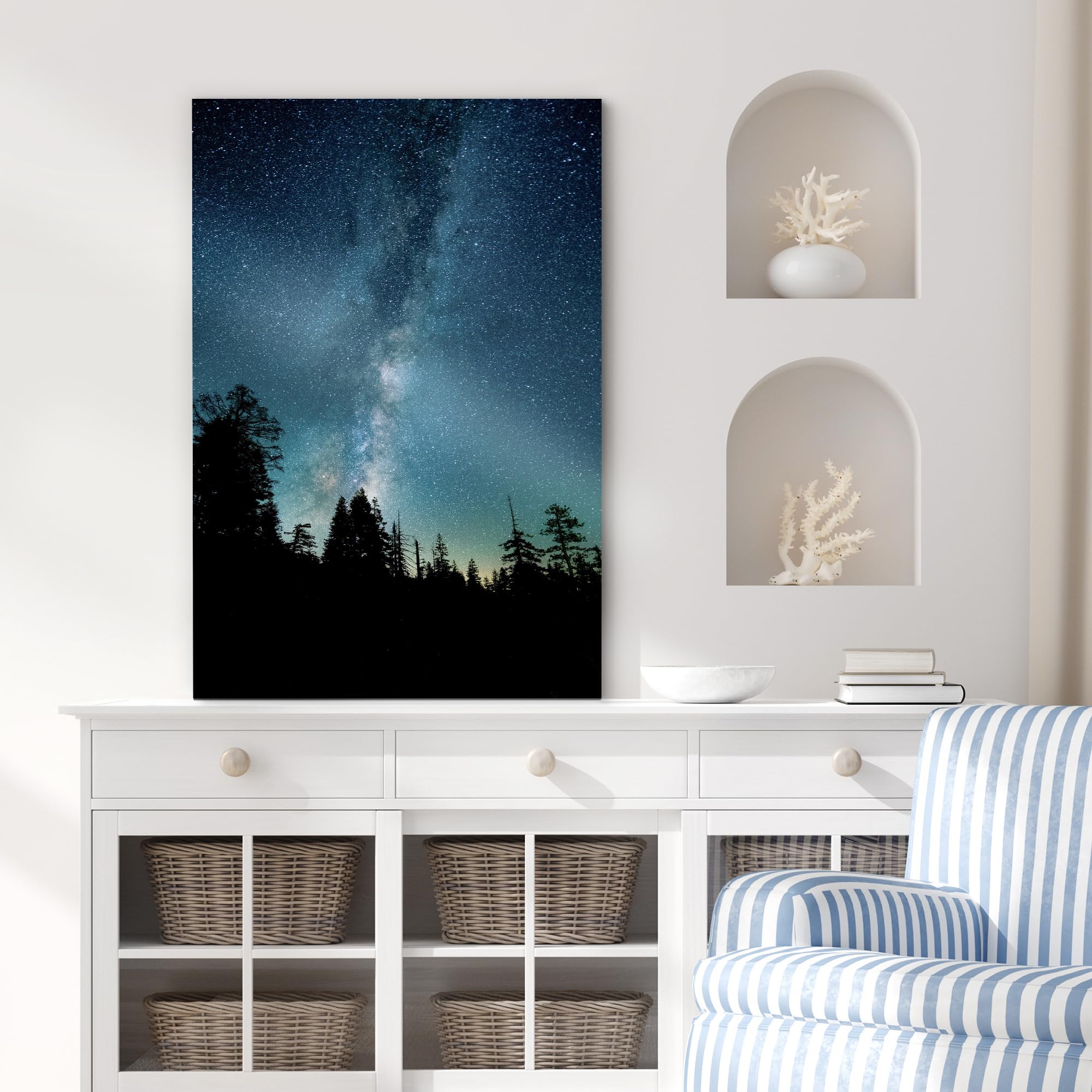 Signford Canvas Print Wall Art Navy Blue Teal Starlight Forest Silhouette Nature Wilderness Photography Realism Decorative Sceni