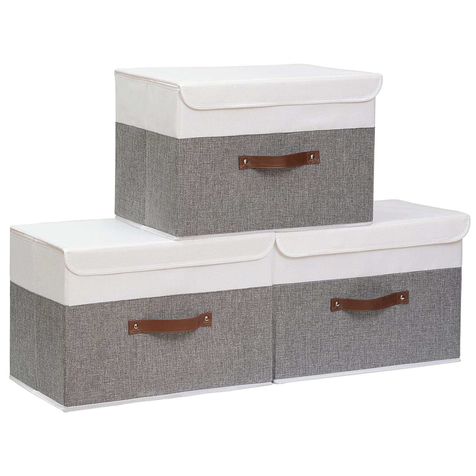 Yawinhe Collapsible Storage Boxes 3 Pack, Linen Fabric Storage Baskets Washable, With Lids And Leather Handle, For Home Bedroom