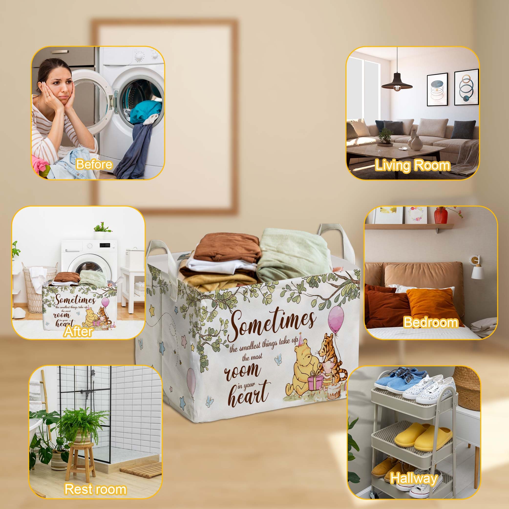 Winnie Nursery Decor, The Pooh Baby Stuff, Winnie Storage Nursery Basket, Large Squarecanvas Laundry Hamper With A Waterproof Pe