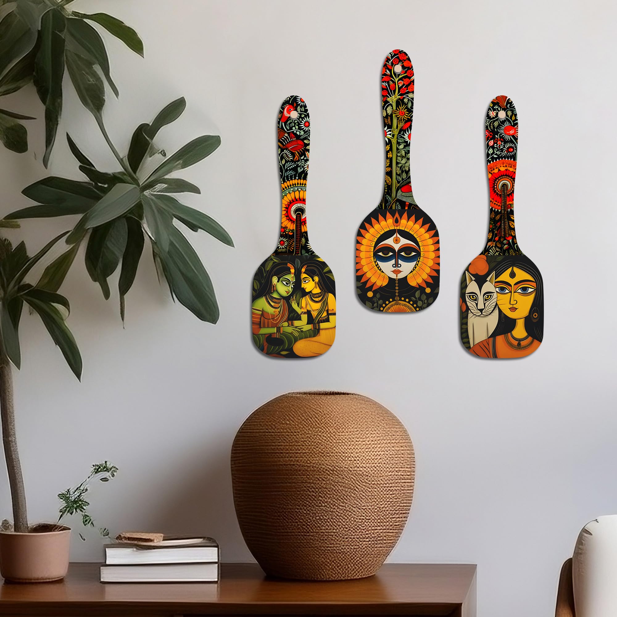 Artvibes Women Kalighat Art Spatula Shape Wooden Wall Hanging | Modern Art Print | Wall Accent | Gift Items | Aesthetic Wooden D