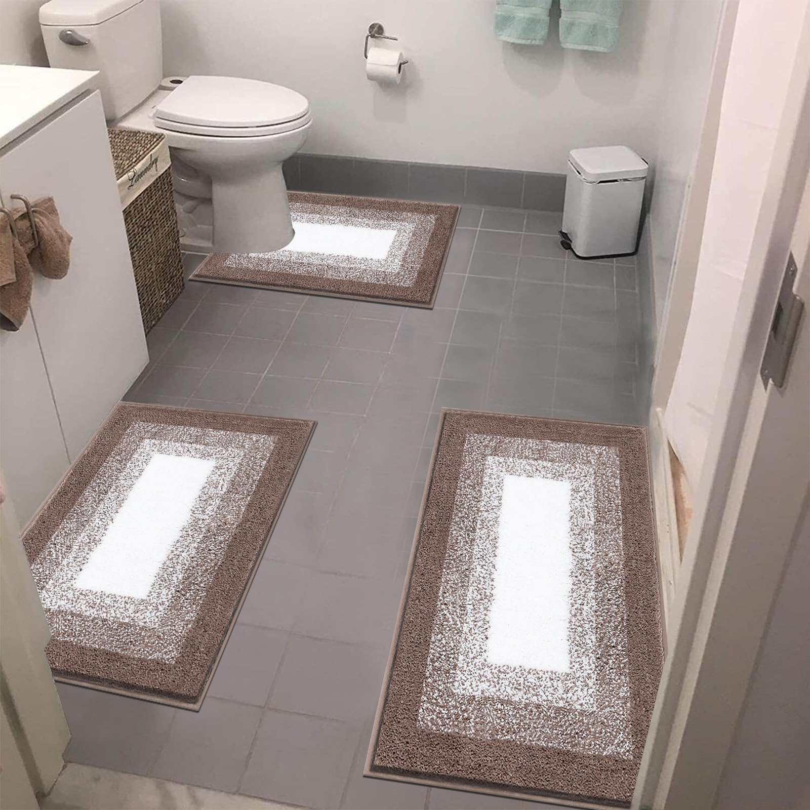 Bsmathom Bathroom Rugs Sets 3 Piece  Plush Shaggy Bathroom Rugs Non Slip Washable  Absorbent Microfiber Bath Mat with U-Shaped Contour Toilet Mat for Bathroom Floor  Tub and Shower  Coffee