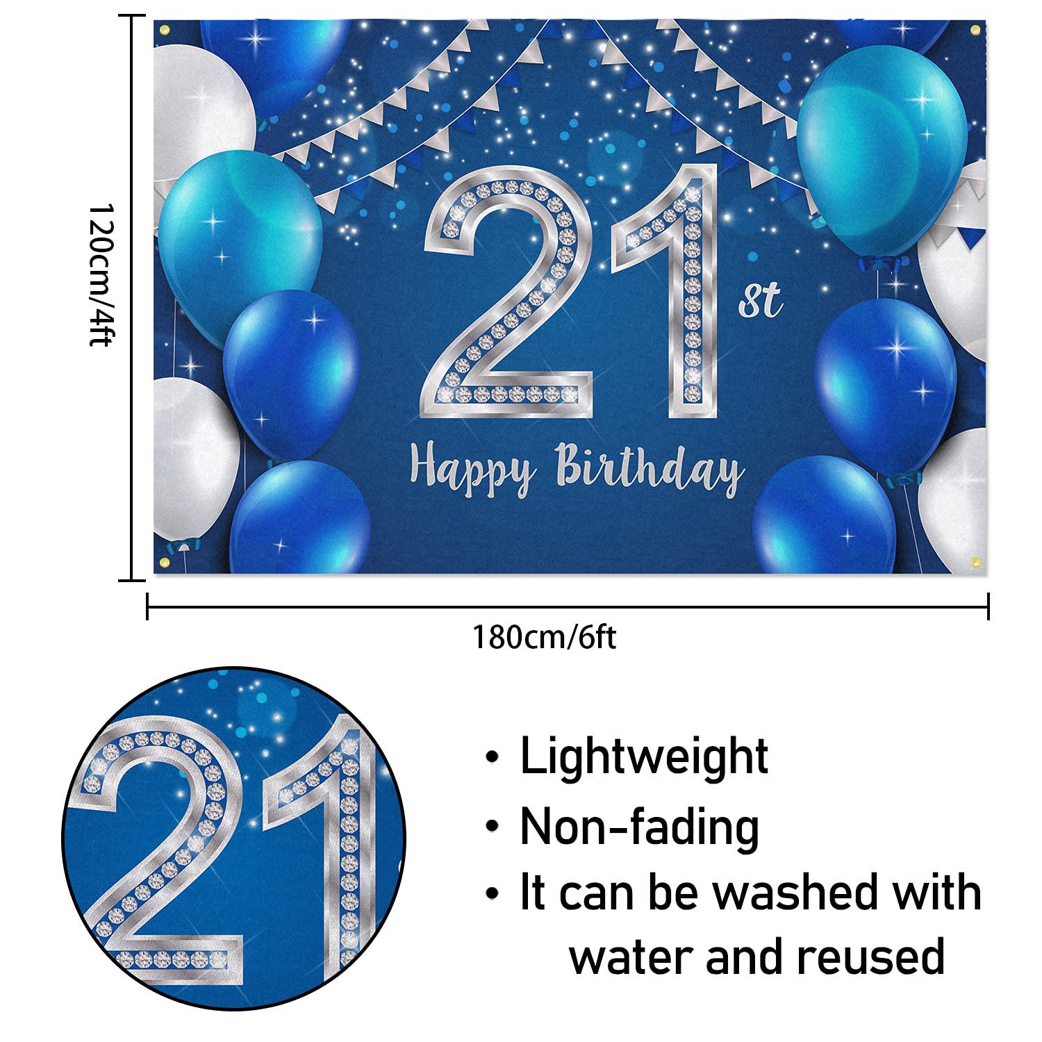 Hamigar 6X4Ft Happy 21St Birthday Banner Backdrop - 21 Years Old Birthday Decorations Party Supplies For Women Men - Blue Silver