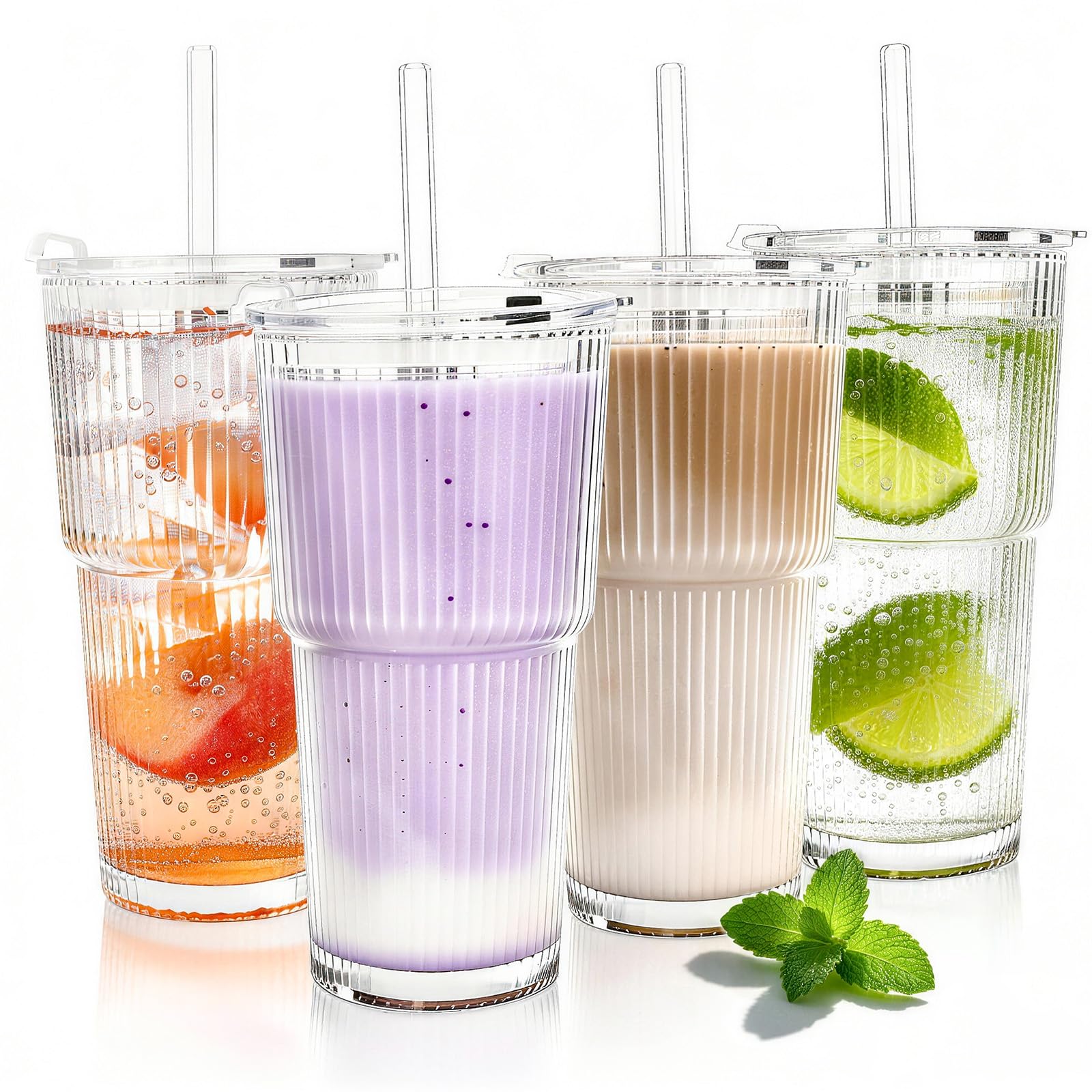 AiMQnLe 20oz Glass Tumblers with Lids and Straws, Set of 4 Iced Coffee Cups