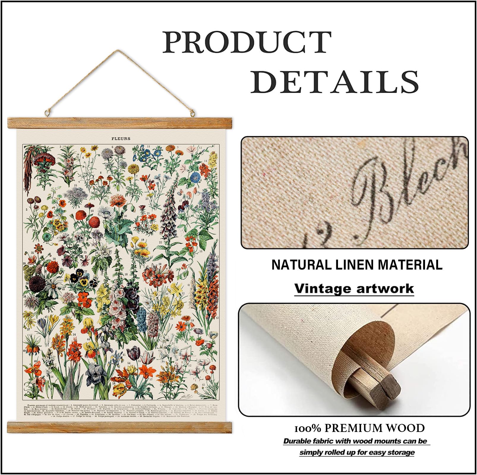 Ovfovy Vintage Flower Poster, Rustic Room Aesthetic, Retro Wall Art Prints Without Fading, Printed On Linen With Wood Frames, Re