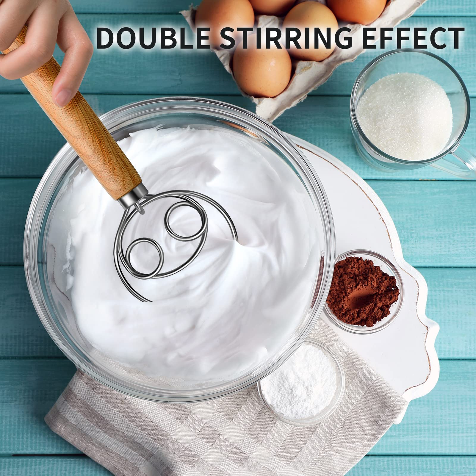 Teevea Danish Dough Whisk Stainless Steel Dough Hook Dutch Whisk For Sourdough Bread Dough Mixer Hand Wooden Handle Kitchen Whis