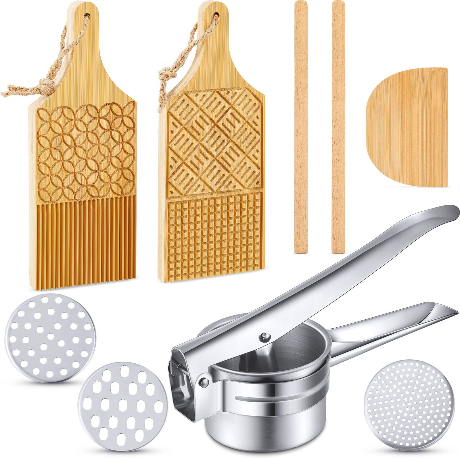 6 Pcs Gnocchi Board Wood Pasta Board Potato Ricer Pasta Making Tools Ricer For Mashed Potatoes With 3 Interchangeable Discs Past