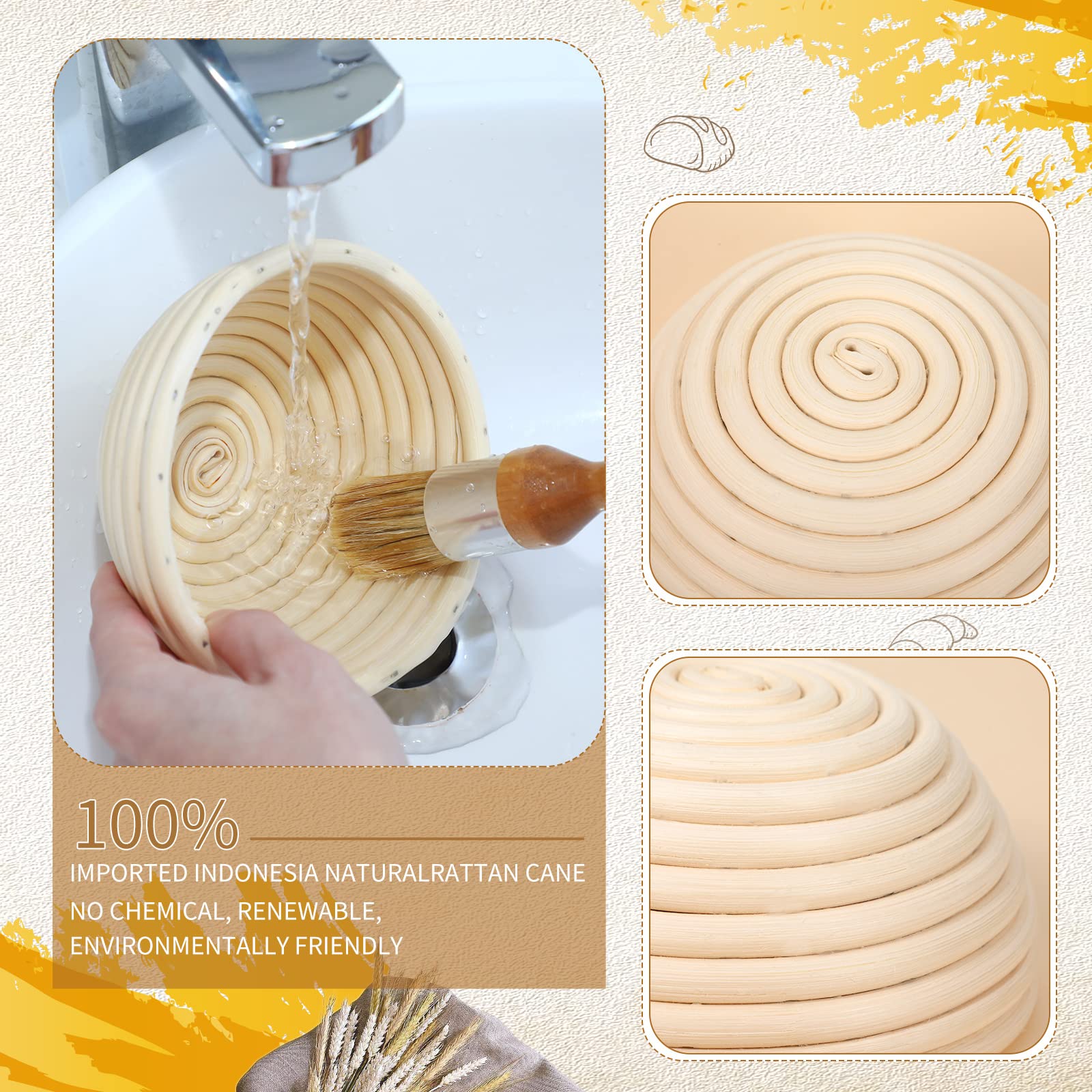 Irenare 10 Pcs Bread Banneton Proofing Basket Round Dough Sourdough Proofing Basket Rattan Bakery Baking Bread Bowl With Liner A