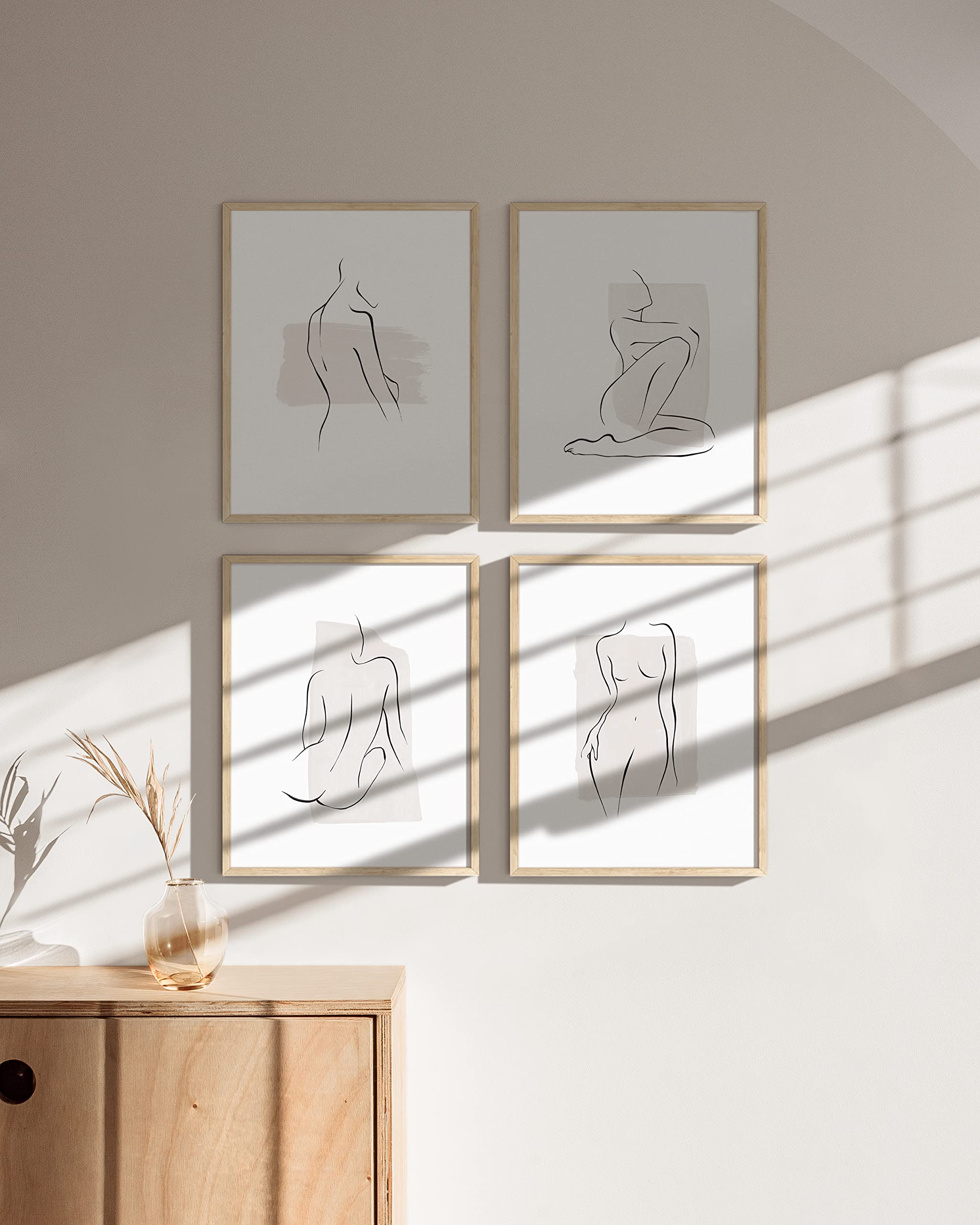 Ripgrip Minimalist Female Figure Wall Art - Set Of 4 Minimalist Wall Decor, Neutral Wall Art, Line Art Prints, Beige Wall Art (B