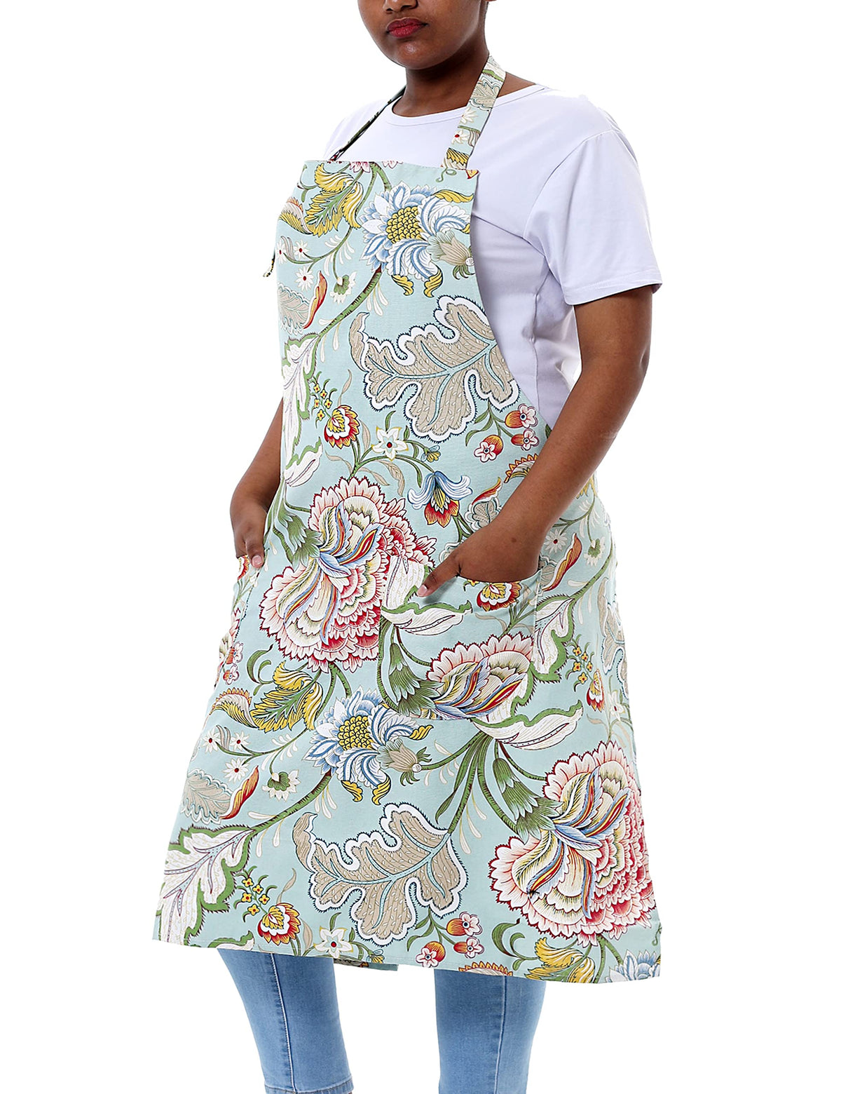 Cotton Linen Baking Plus Size Aprons For Women With Pockets Kitchen Cooking Green Flowers