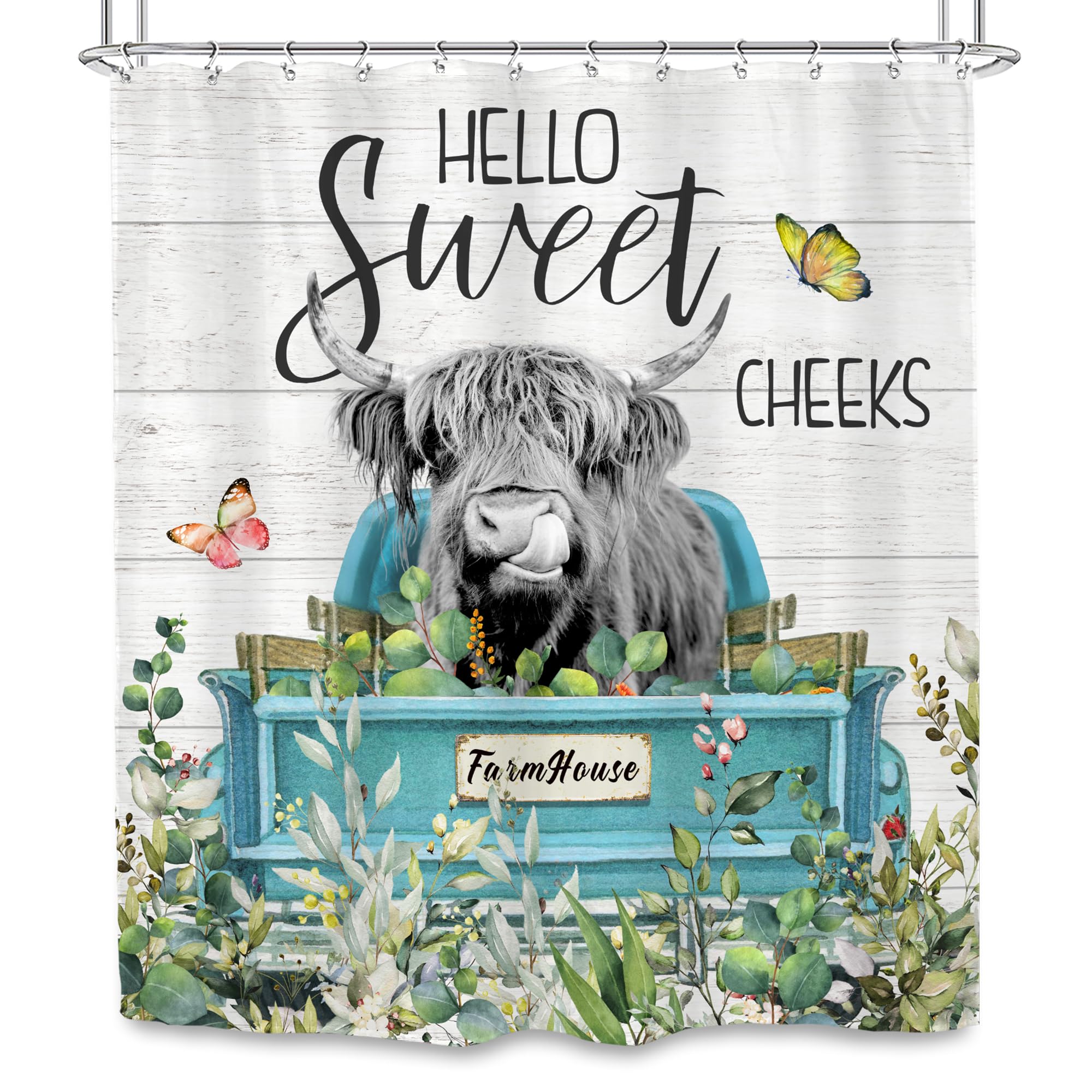 Svbright Highland Cow Shower Curtain 60Wx72L Inch Eucalyptus Funny Spring Cattle Bull Western Animal Truck Rustic Woodnature Far