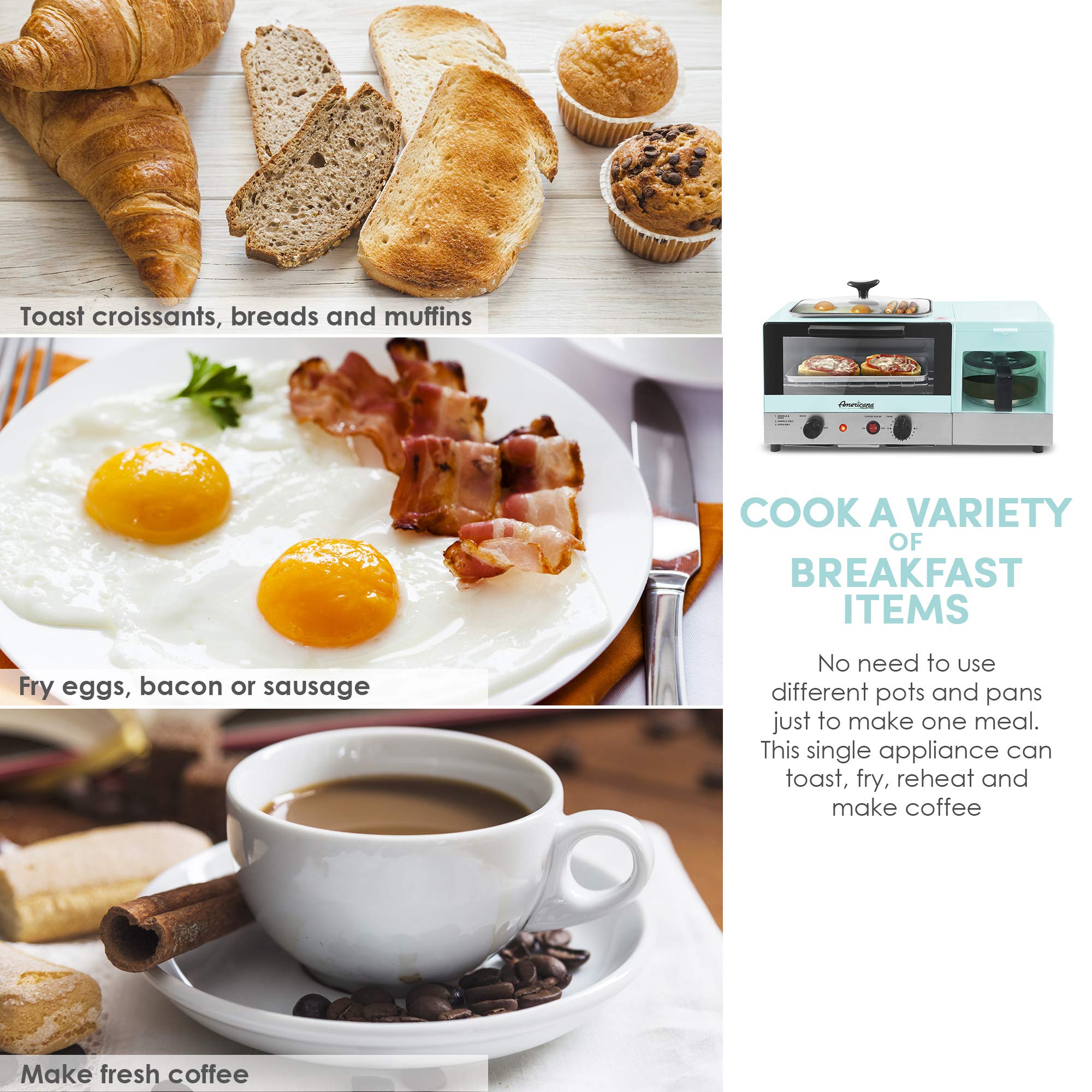 Elite Gourmet Americana 2 Slice, 9.5 Griddle With Glass Lid, 3-In-1 Breakfast Center Station, 4-Cup Coffeemaker, Toaster Oven