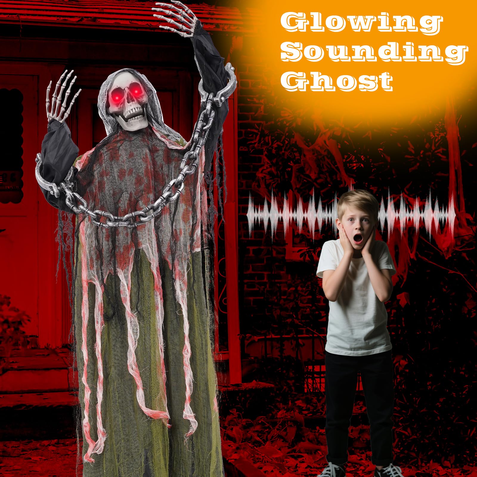 Halloween Decorations Outdoor Life Size Animatronics Grim,LED Eyes Evil with Chain,Creepy Sound, Scary Move,Light Up Eyes,Haunte