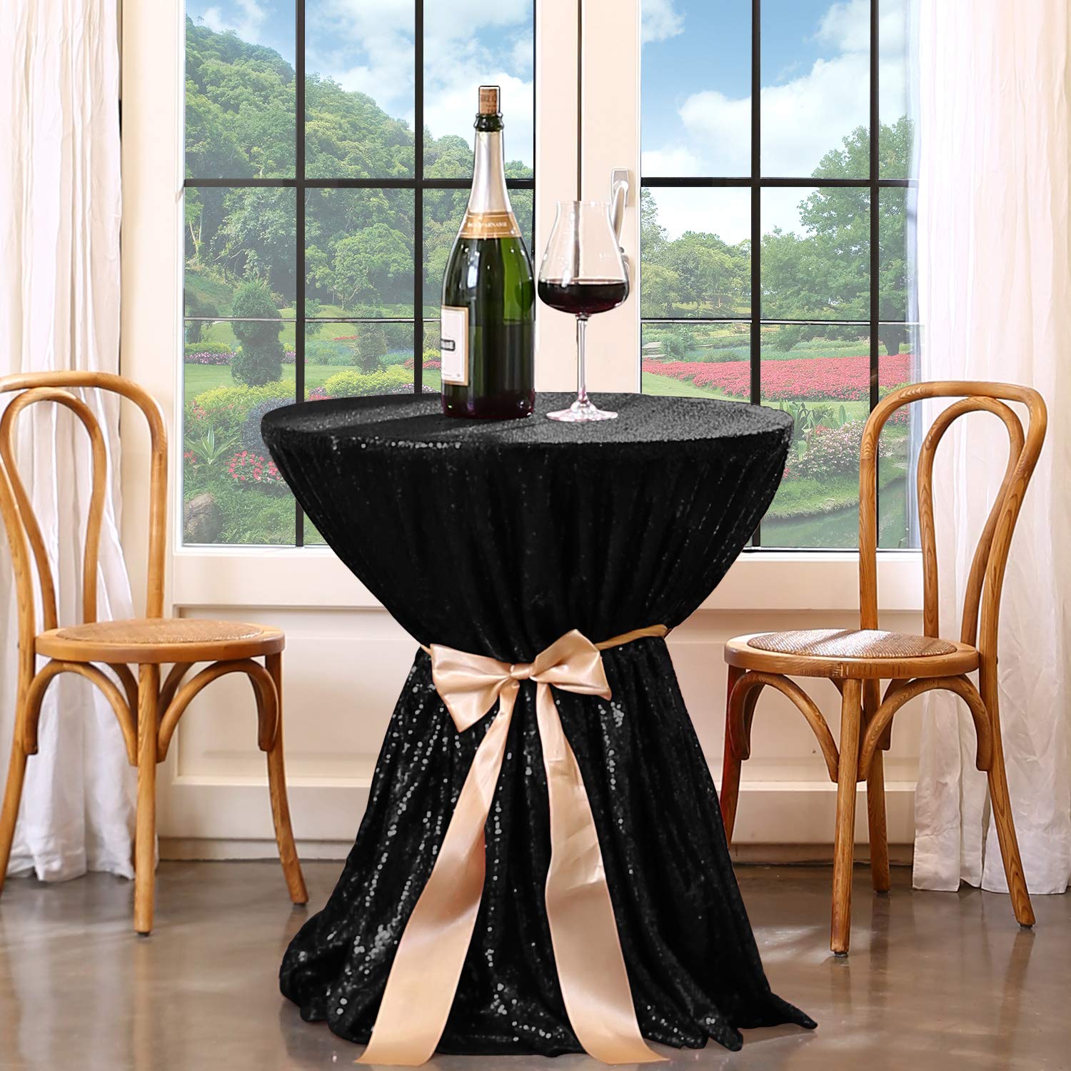 Fyledaee Black Round Sequin Tablecloths For Parties,48 Inch Glitter Table Cover Fitted Small Cute Sweet Table For Wedding Birthd
