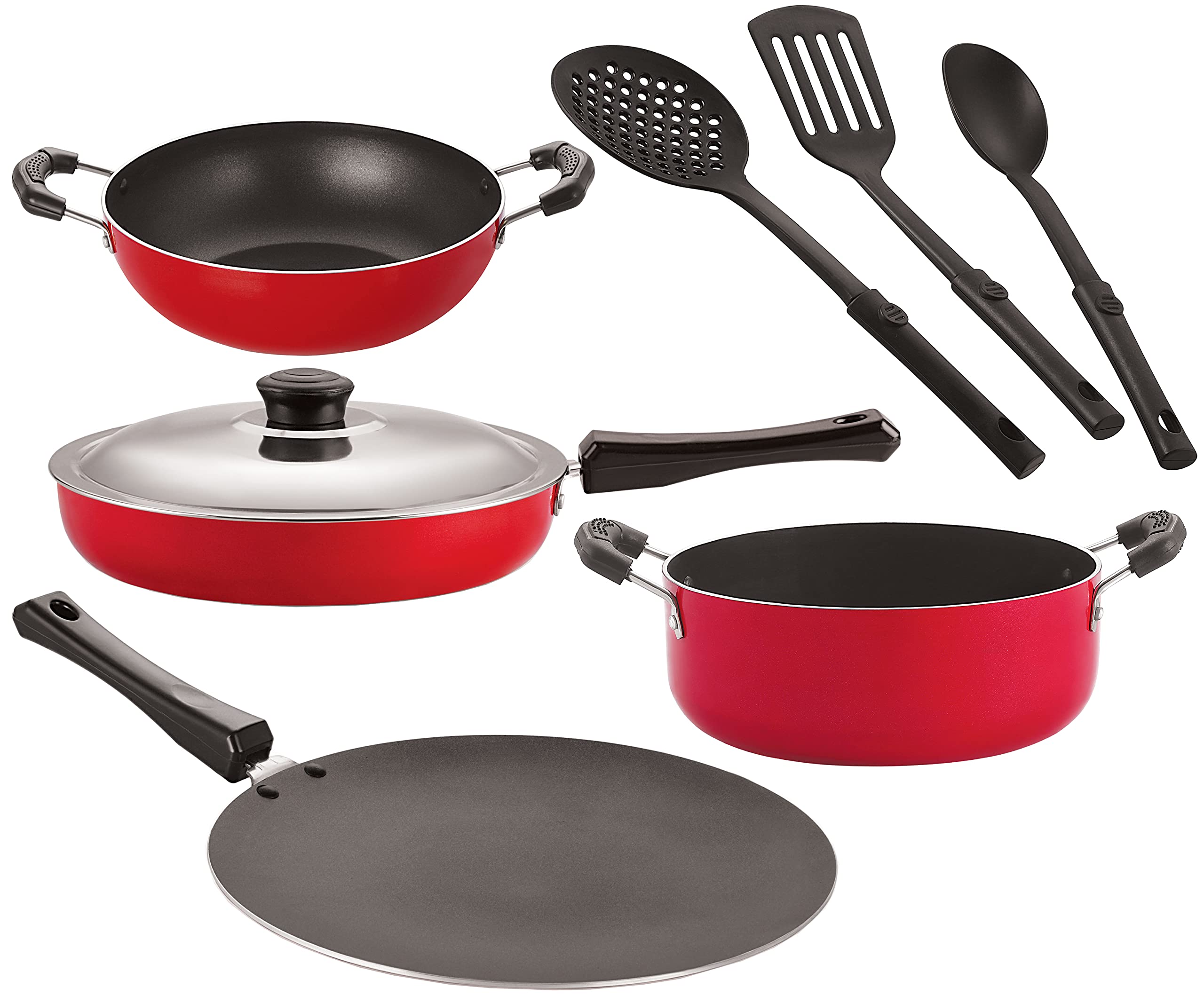 Nirlon Nonstick Coated Aluminium 7 Pcs Set Of Concave Tawa28.5Cm,Kadhai22Cm,Casserole22Cm,Fry Pan24Cm & 3 Spoon (2.6Mm_Ct12_