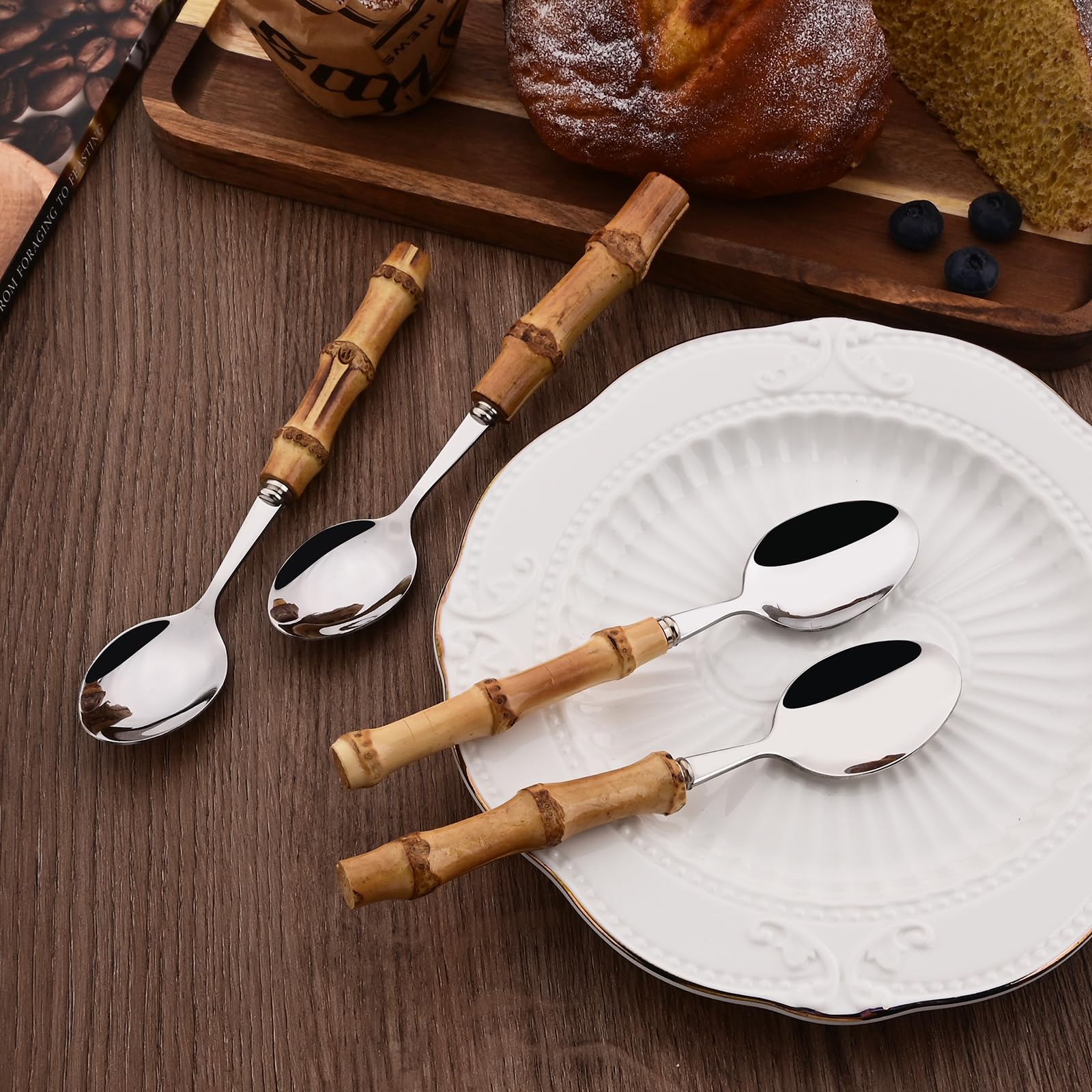 Uniturcky Dessert Spoon Set With Bamboo Handle, 8-Piece Stainless Steel Shiny Silver Dessert Spoon, Natural Bamboo Cutlery, Crea