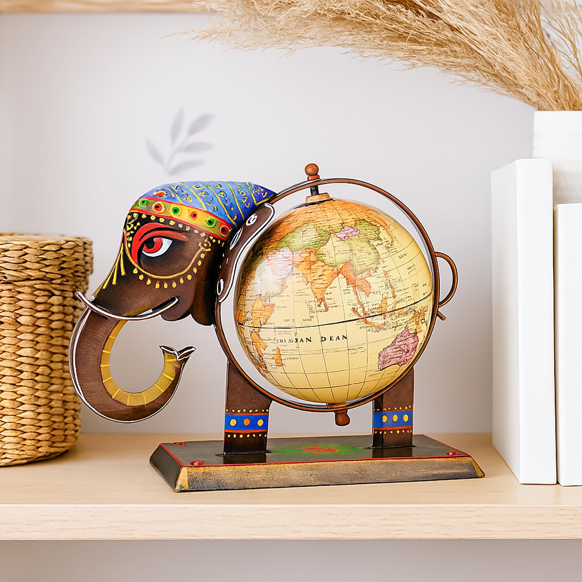 Hindcraft Elephant World Map Showpiece - Ethnic Decorative Desk Decor With Vintage Map | Rajasthani Style Showpiece For Home, Of