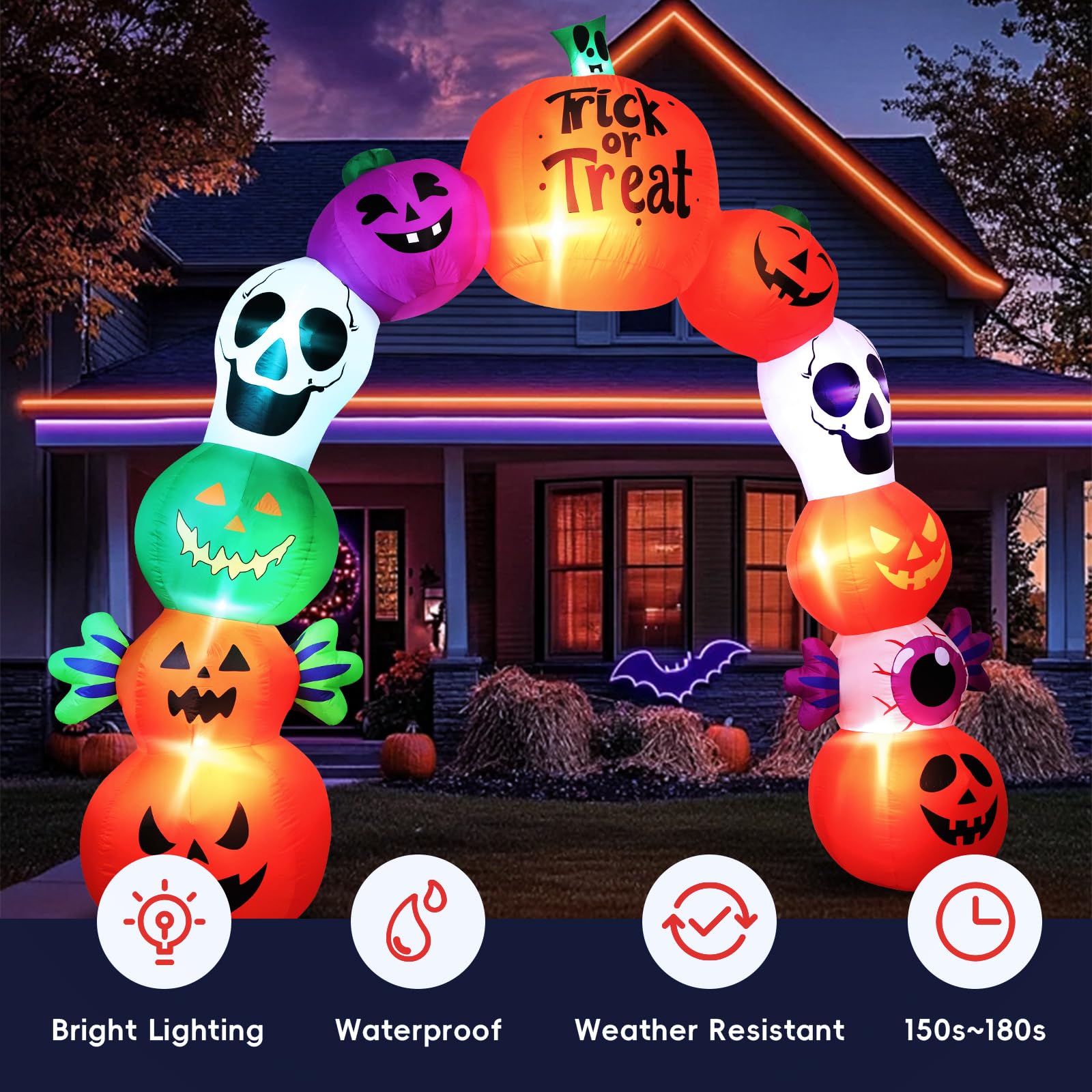 10FT Halloween Inflatables Pumpkin Skeleton Archway with Built-in LED Lights - Blow Up Yard Decoration with Candy Pumpkins for I