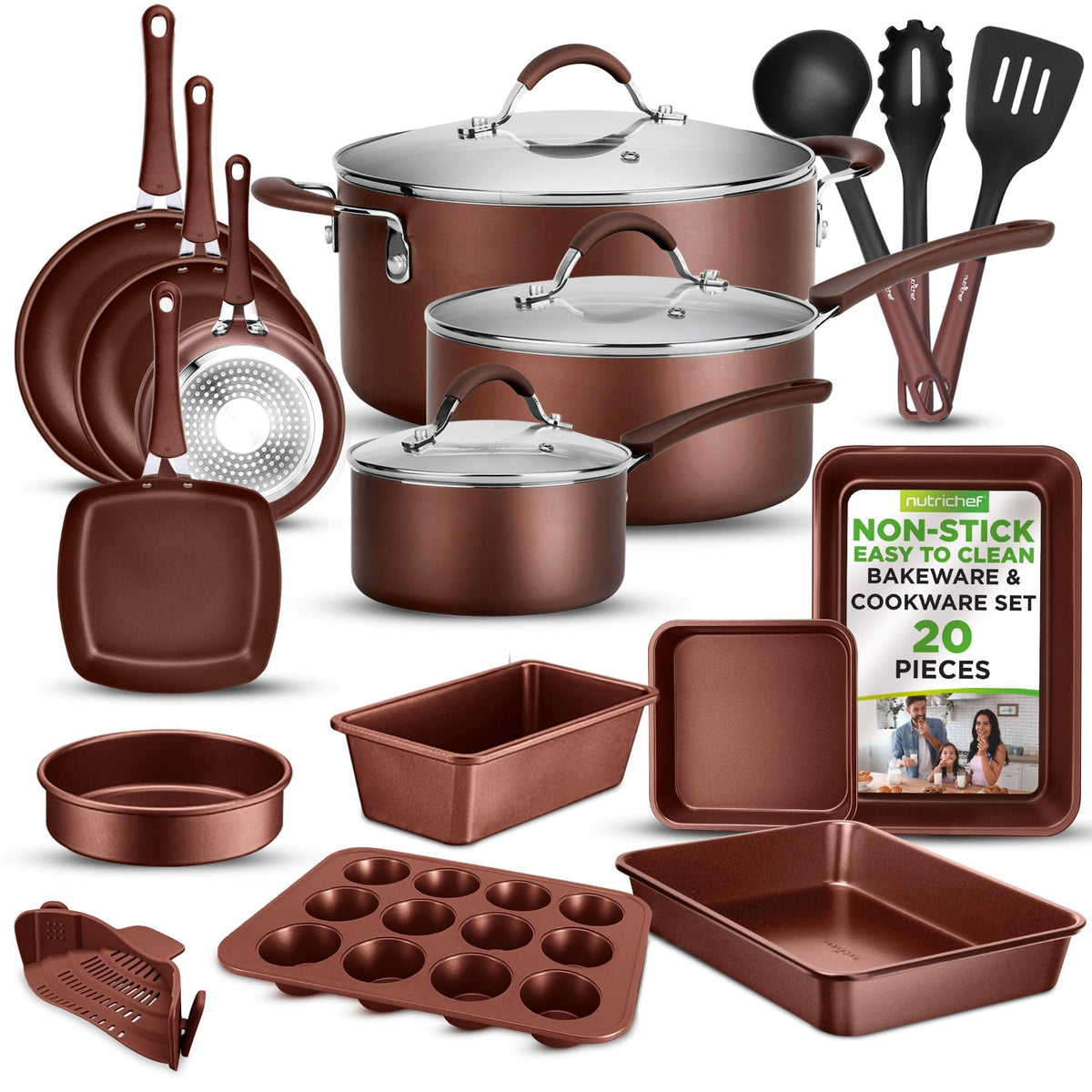 NutriChef 20 Piece Professional Home Kitchen Cookware and Bakeware, Pots and Pans Set Non Stick Kitchenware, Cool-Touch Handles,