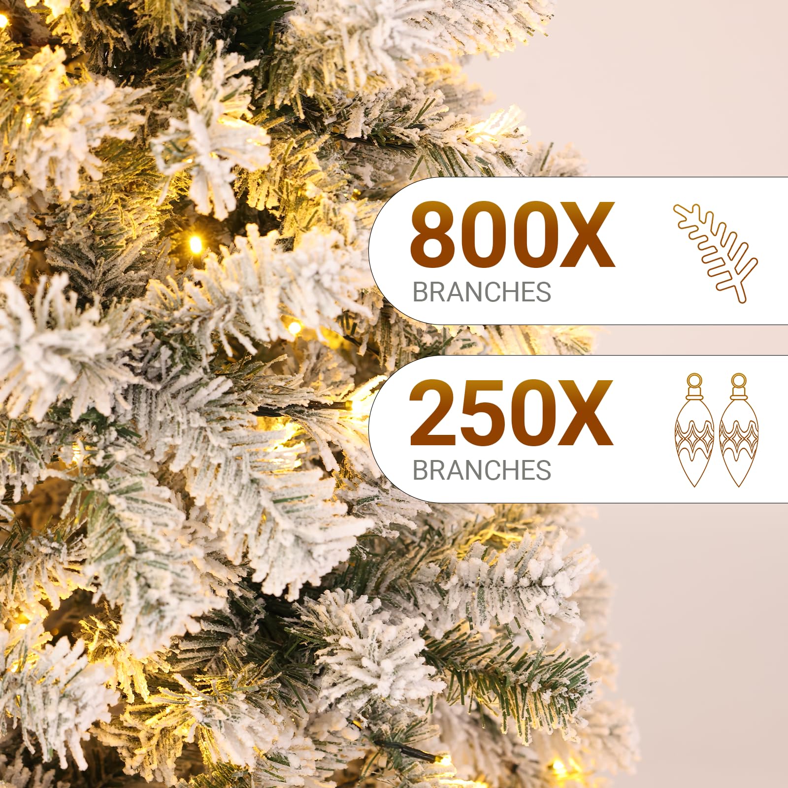 6FT Flocked Green Artificial Christmas Tree with 250 Warm White LED Lights - Pre-Lit Snow Tipped Full Tree for Indoor Holiday Ho