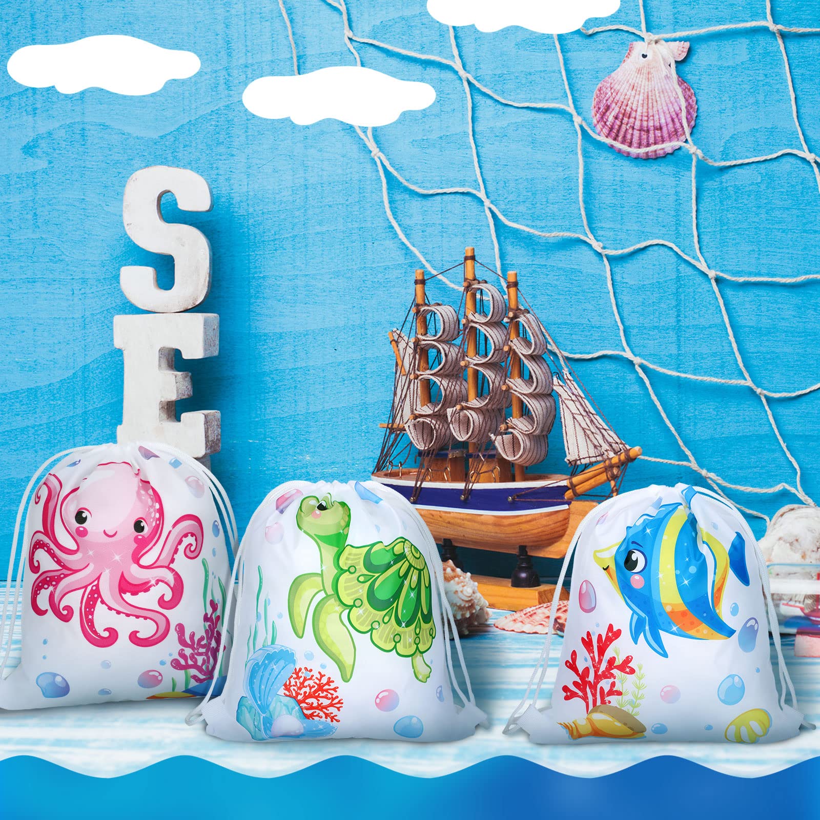 Woanger Ocean Drawstring Party Bags - 16 Pcs Sea Animal Goodie Bags, 11.8 x 9.8 Inches, Reusable for Kids Birthday Party Decorations
