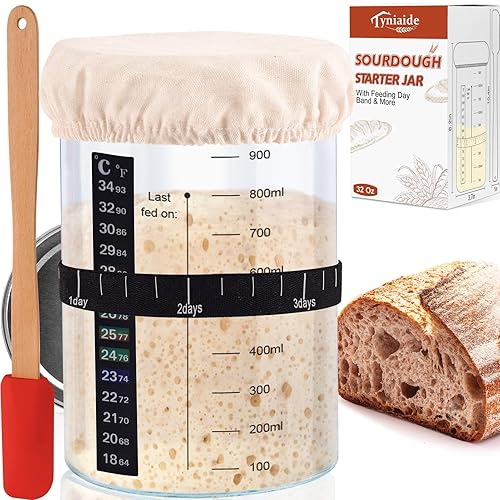 Tyniaide Sourdough Starter Jar Kit, 35 Oz Sourdough Starter Jar With Thermometer, Silicone Scraper, Cloth Cover And Lid. Reusabl