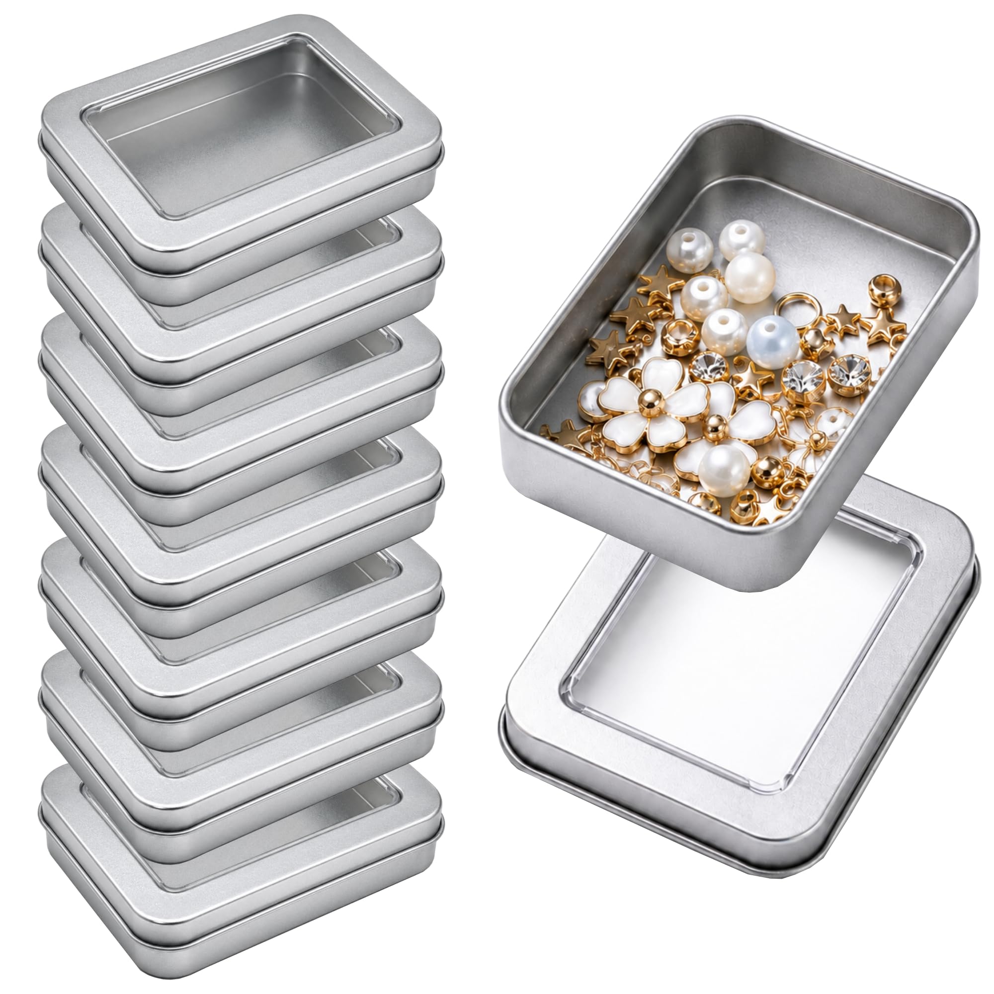 Heonay Mini Rectangular Aluminium Tin Containers With Window Lid | Multipurpose Storage Box Set For Crafts, Jewellery & Travel E