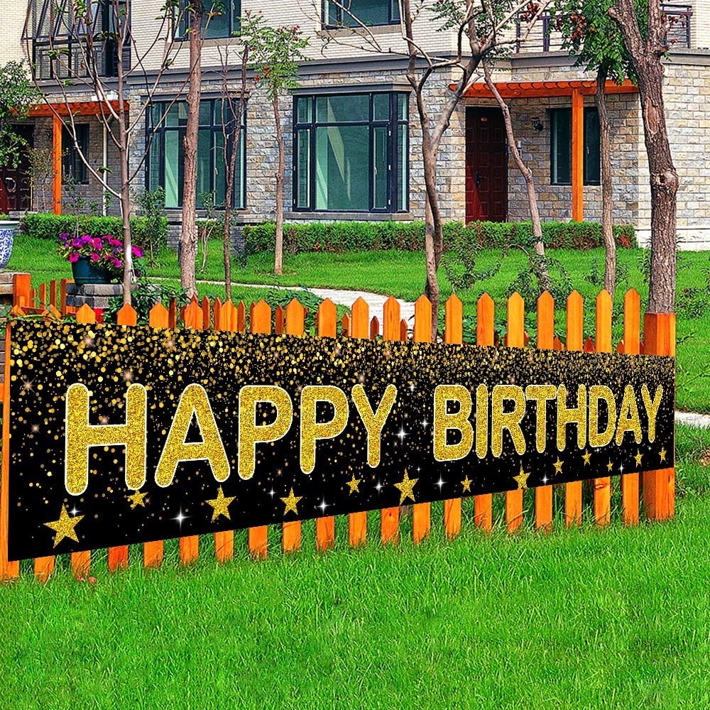 Ushinemi Happy Birthday Banner - Black And Gold Party Decorations Large Birthday Banner For Indoor And Outdoor, 9.8X1.6Ft