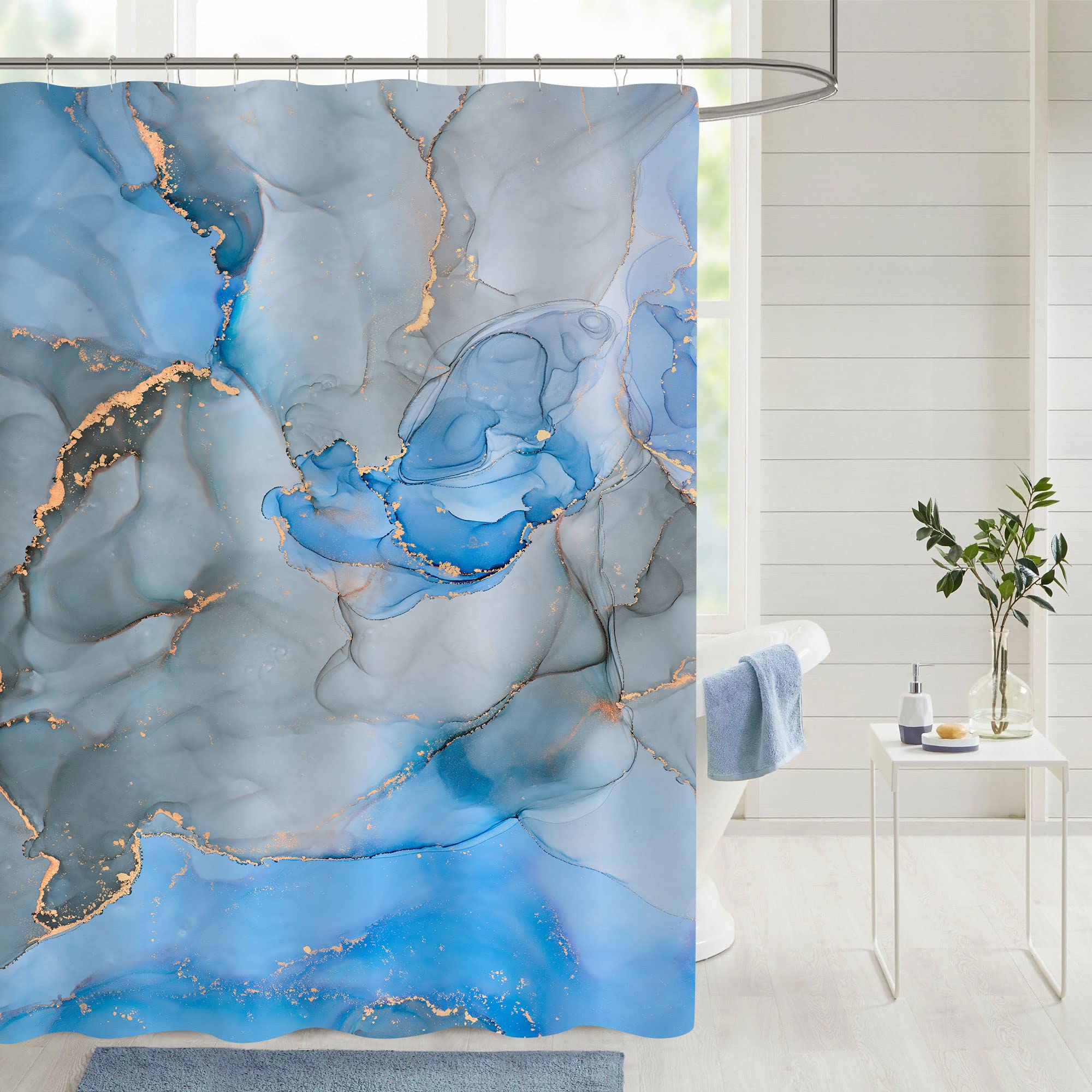 Gibelle Abstract Shower Curtain, Blue Grey Marble Fabric Shower Curtain For Bathroom, Modern Ink Art Decor Waterproof Shower Cur
