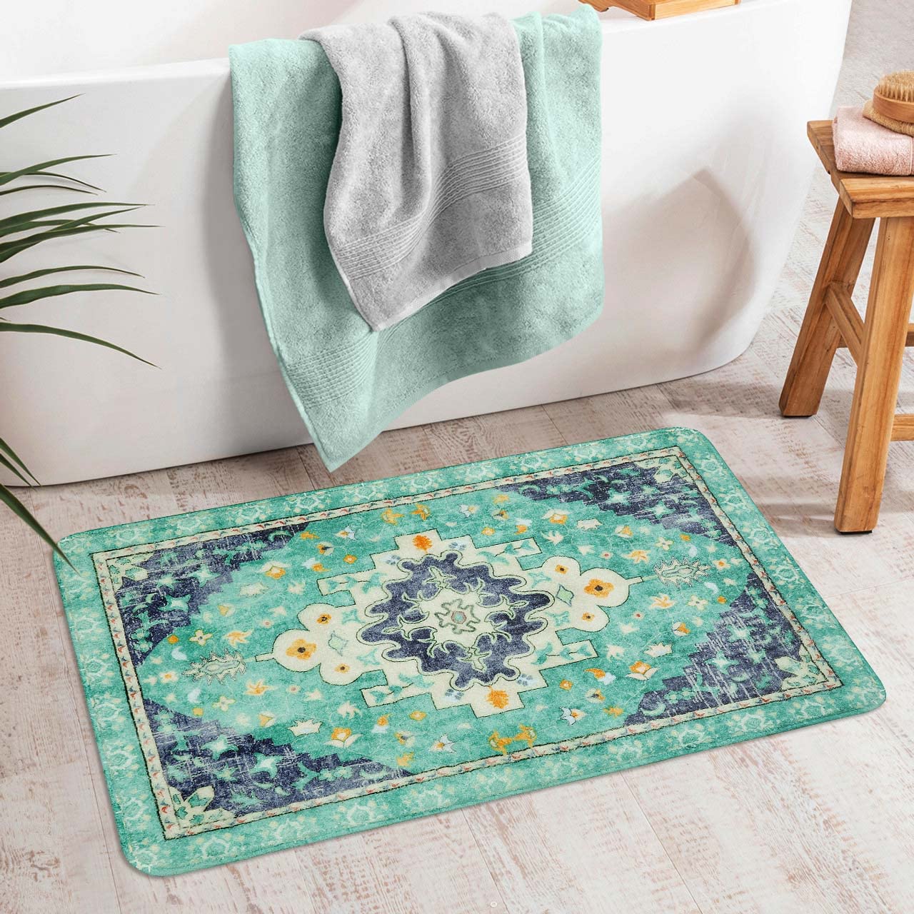Uphome Boho Vintage Bathroom Rug Green Non-Slip Soft Bath Rug Machine Washable Oriental Bathroom Mat Traditional Farmhouse Flora