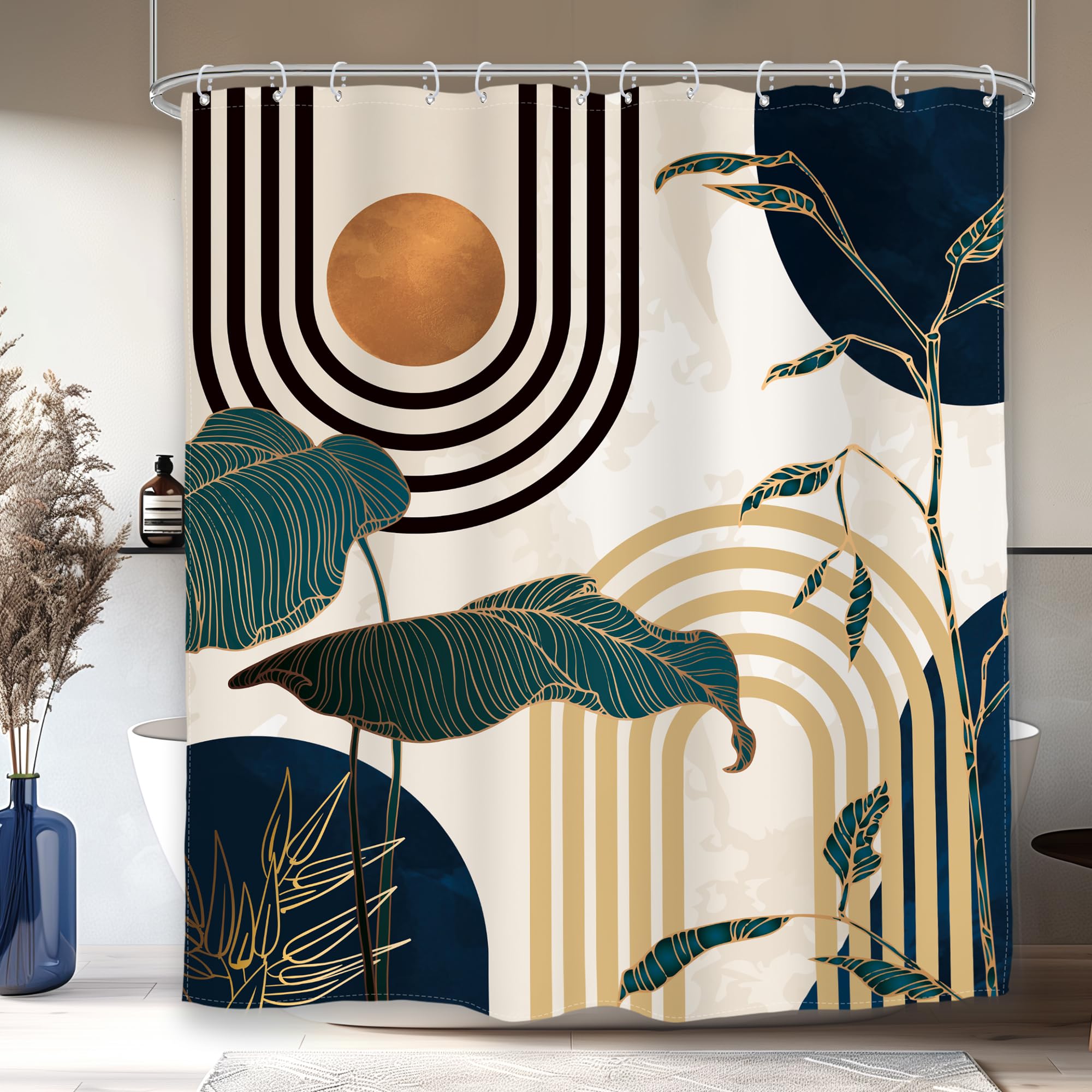 Glawry Blue Abstract Mid Century Shower Curtain Extra Long Boho Retro Tropical Palm Tree Modern Sun Arch Bathroom Aesthetic Geom
