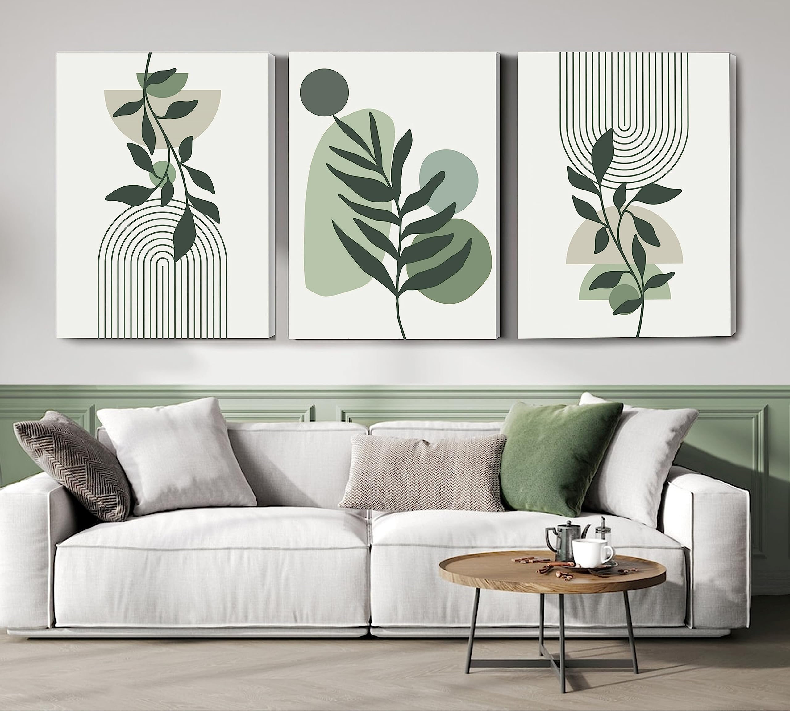 Induslyfe Large Framed Boho Canvas Wall Art Set Of 3, Mid Century Modern Room Decor, Minimalist Sage Green Botanical Boho Bathro