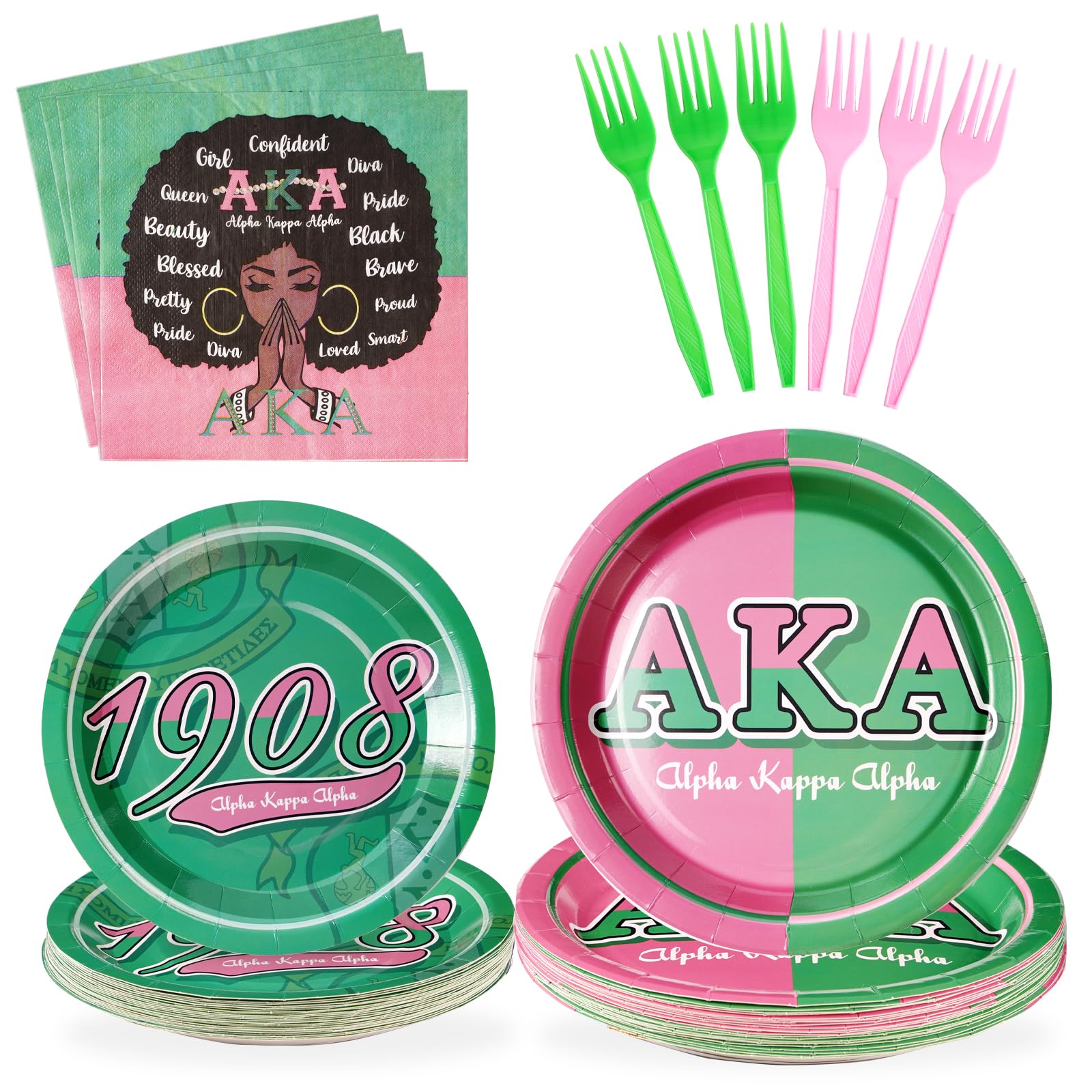 96Pcs Aka Party Supplies Aka Party Plates Disposable Hip Hop Style 1908 Pink Green Aka Paper Tableware Set For Women Girls Kids