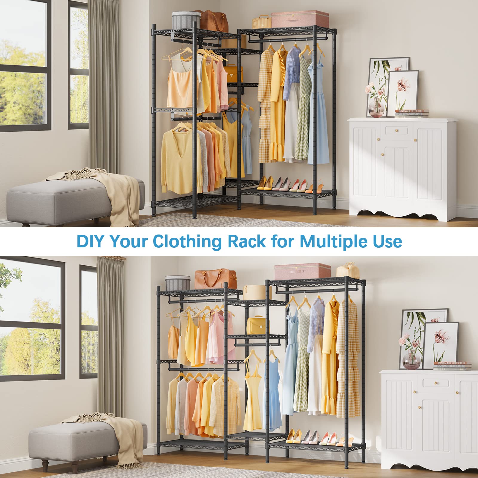 Vipek L6 Heavy Duty Clothes Rack L Shape Clothing Rack 5-Tier Wire Garment Rack Freestanding Closet With 7 Adjustable Shelves &