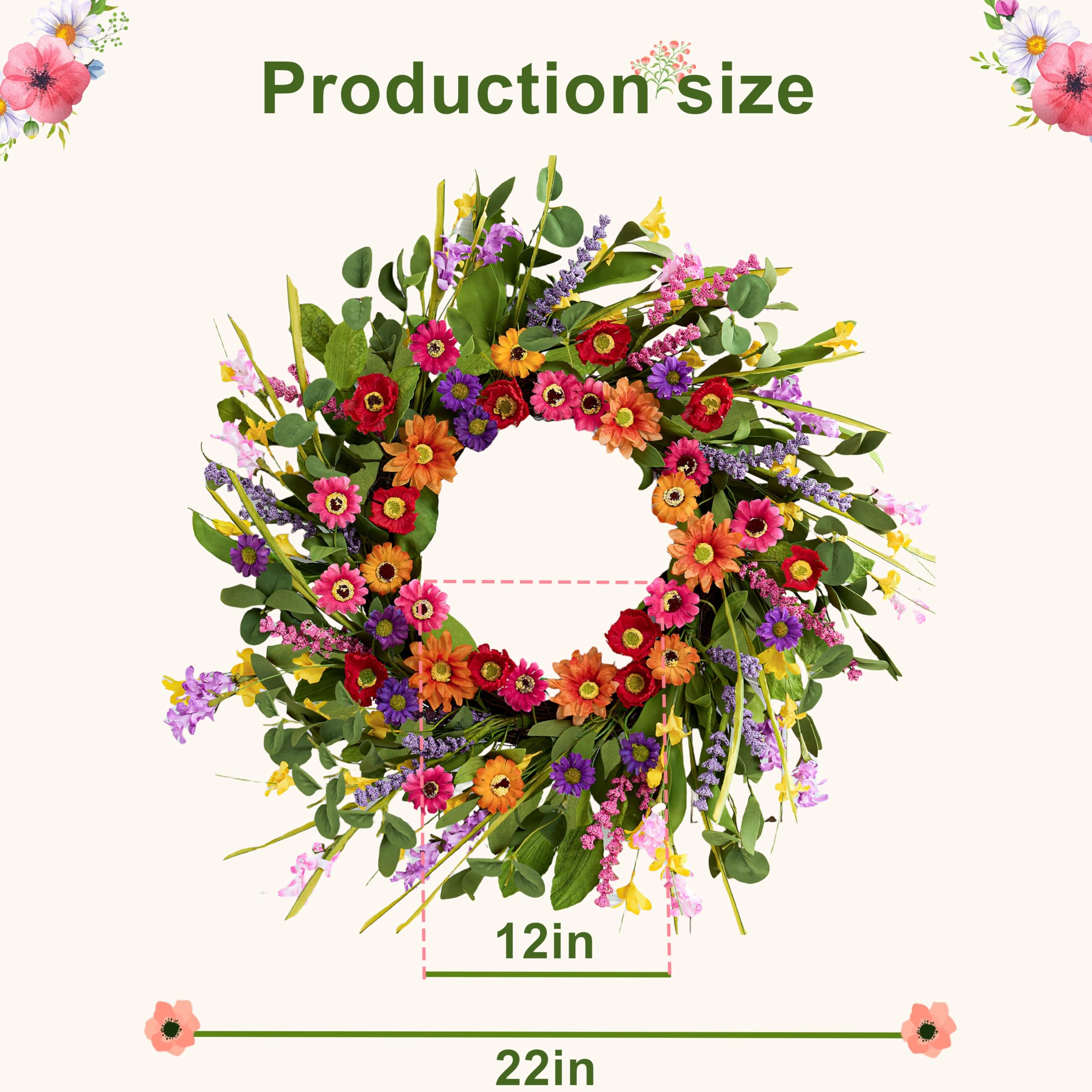 WSTPUPU Artificial Spring Wreath 22 Inch Summer Wreaths for Front Door with Green Eucalyptus Leaves Pink Daisy Lavender Spring D