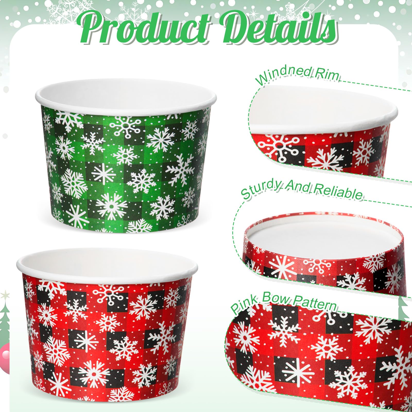 Jingmore 100 Pcs 8 oz Christmas Buffalo Plaid Treat Snack Cups Paper Red Green Plaid Ice Cream Bowl Disposable Paper Bowls Winte