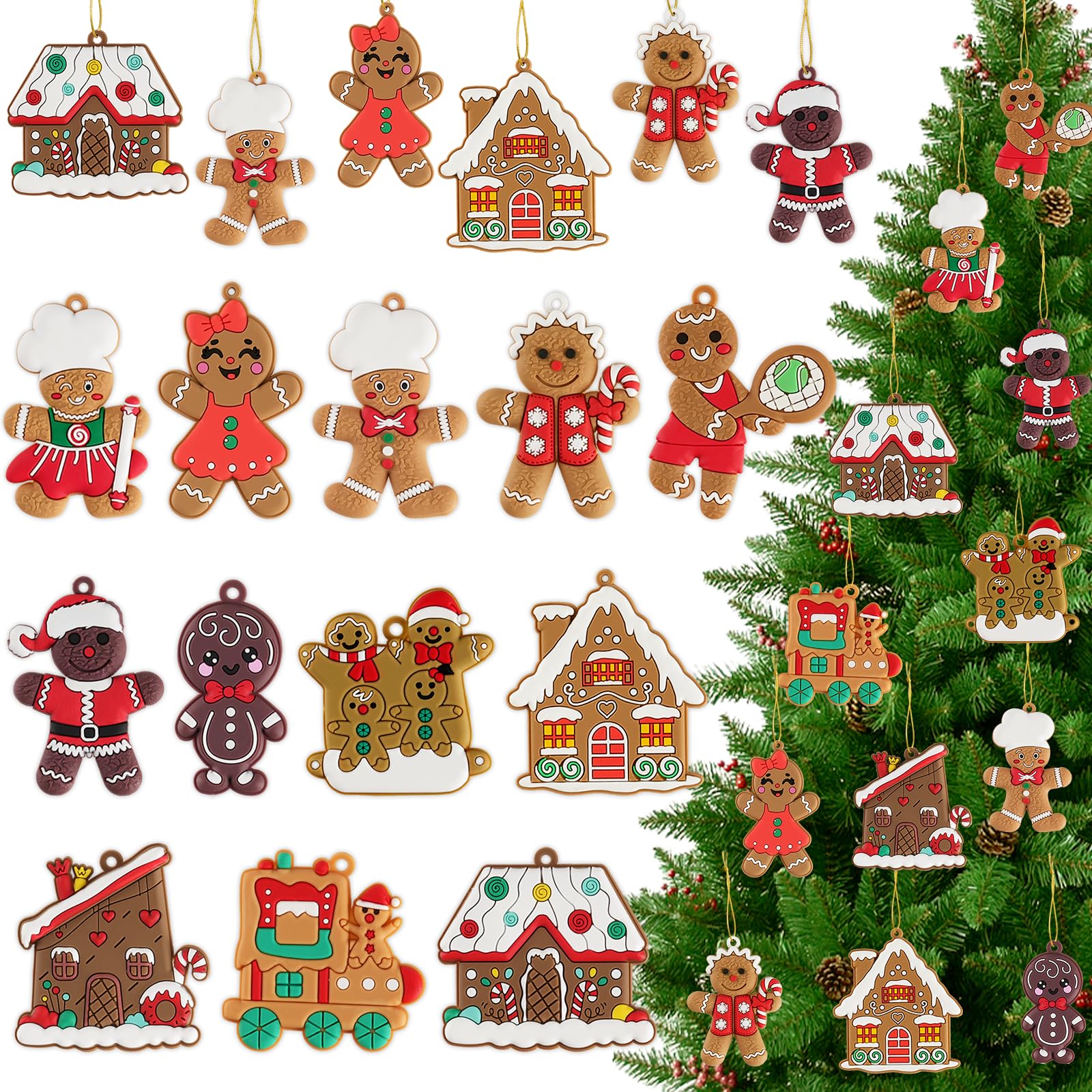 12pcs Gingerbread Man Ornaments for Christmas Tree, Assorted Gingerbread Figurines Decorations with Gingerbreads House Ornaments