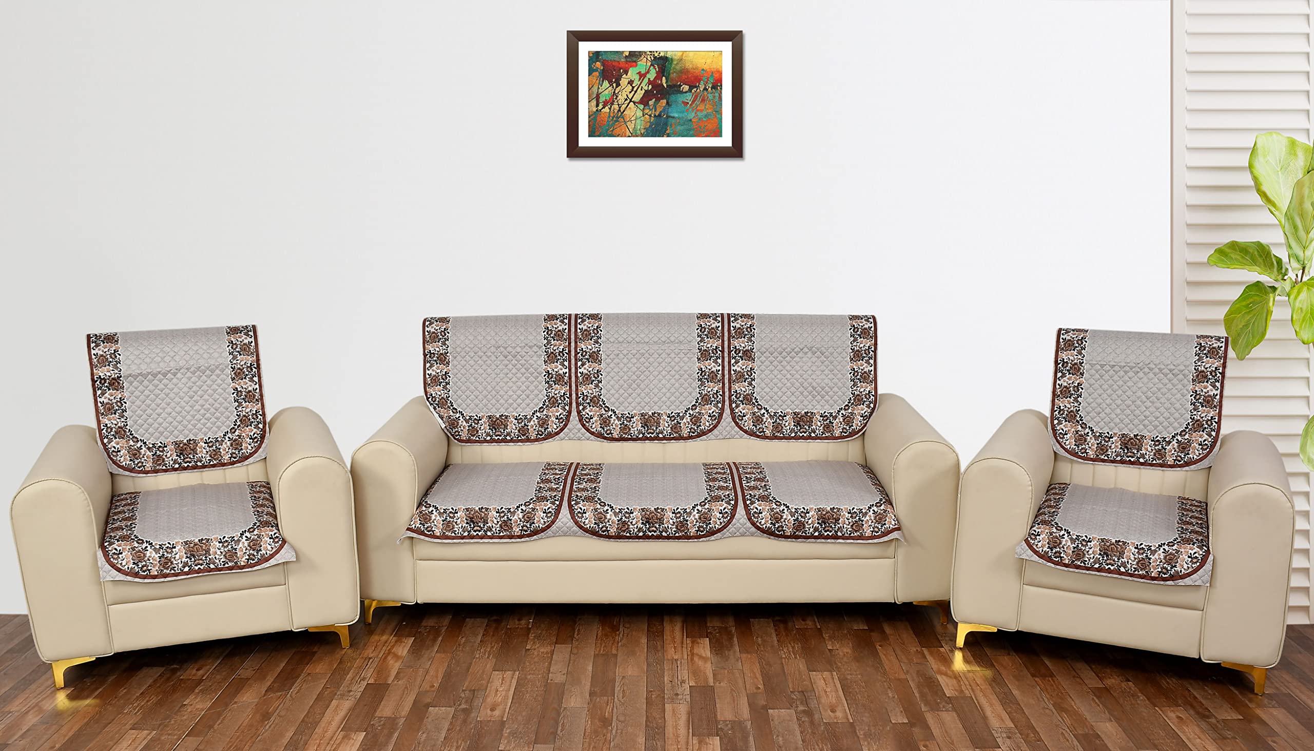 Yellow Weaves Velvet 5 Seater Quilted Sofa Cover And Chair Cover, Floral Design, Seat&Back Cover, Color - Beige