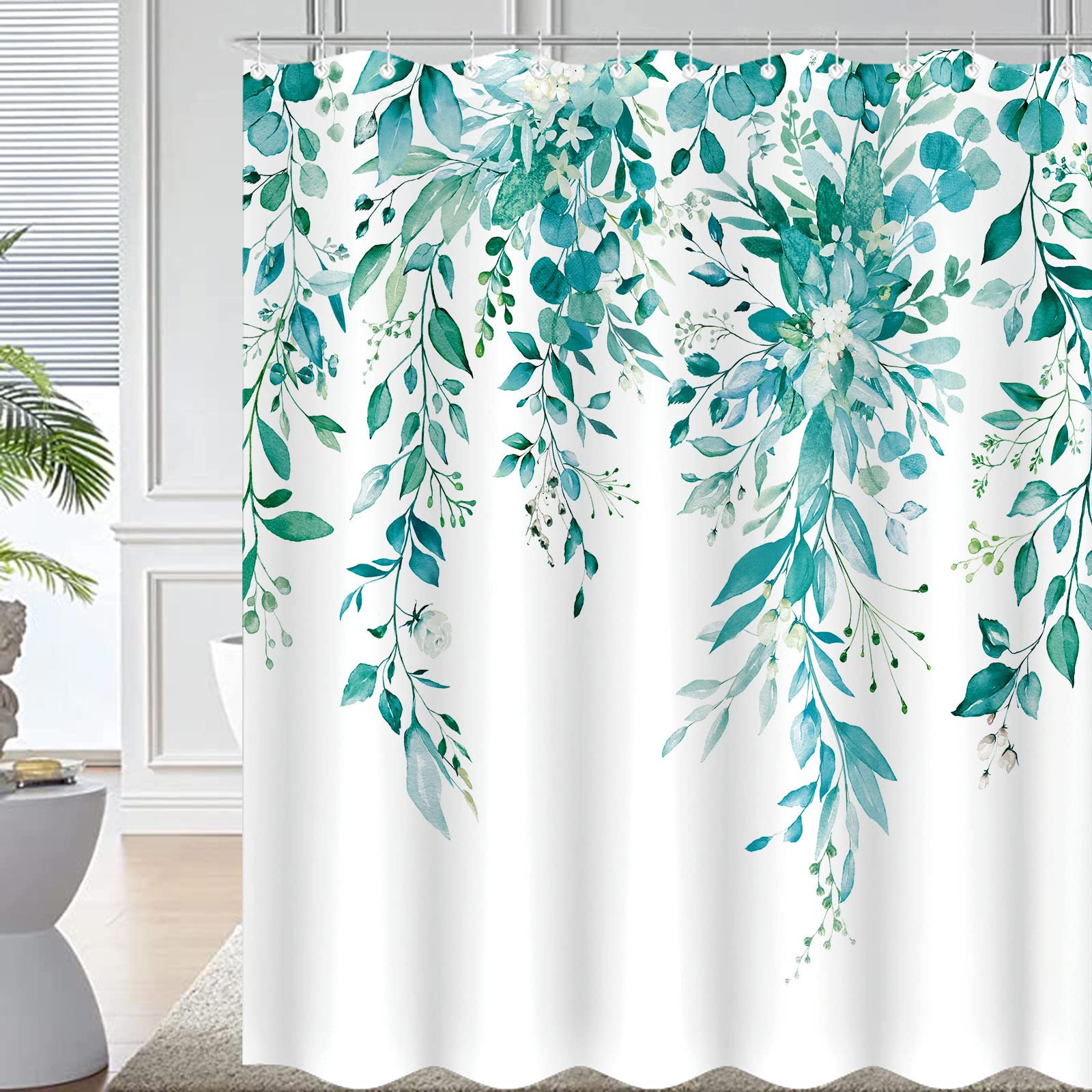 Zussun Teal Eucalyptus Shower Curtain Watercolor Floral Plant Leaf Shower Curtains For Bathroom Botanical Flower Waterproof Fabr