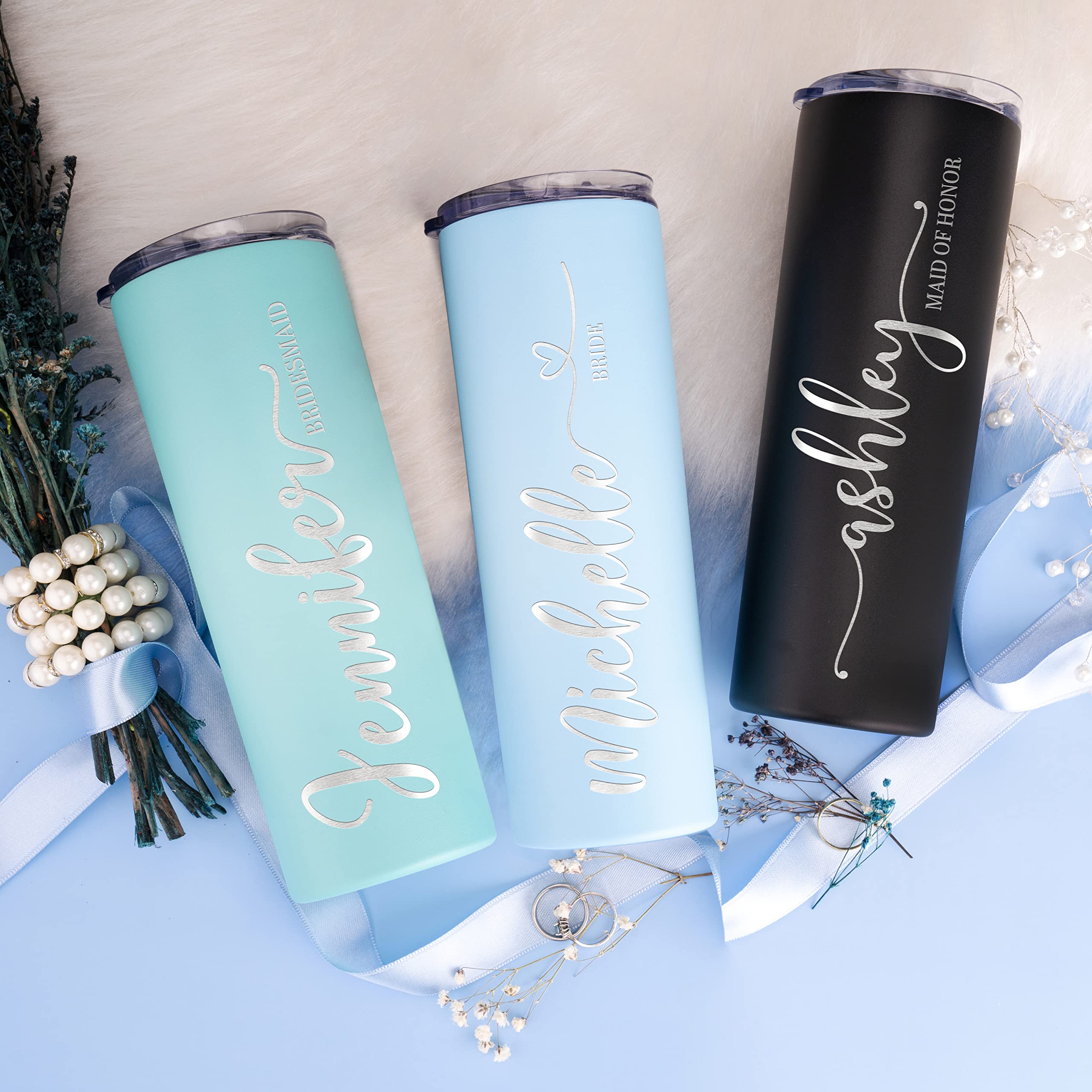 Lily'S Atelier Bridesmaid Gifts Set Of 5, Personalized Bridesmaid Tumbler W/Name And Title - 8 Vivid Colors, 5 Designs - 20 Oz E