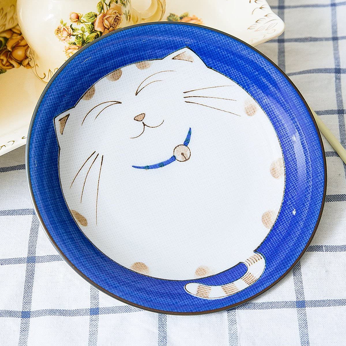Japanbargain 2560X4, Set Of 4 Japanese Round Porcelain Appetizer Plate For Dessert Cake Snack Maneki Neko Smiling Lucky Cat Patt