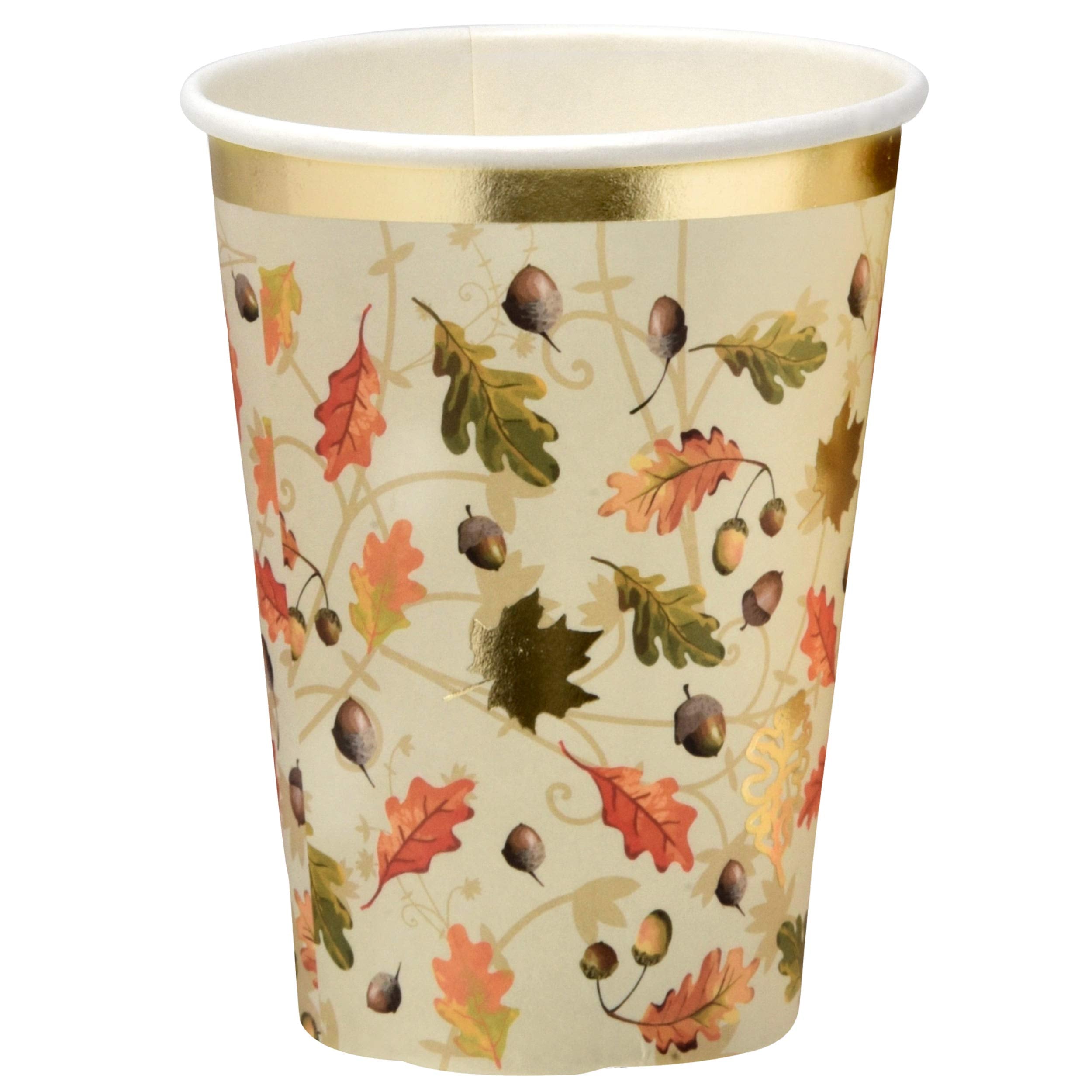 Gift Boutique 50 Thanksgiving Party Cups 9 oz. Disposable Paper Cup in Elegant Autumn Leaves Design with Gold Foil for Fall Dinner Event Decorations
