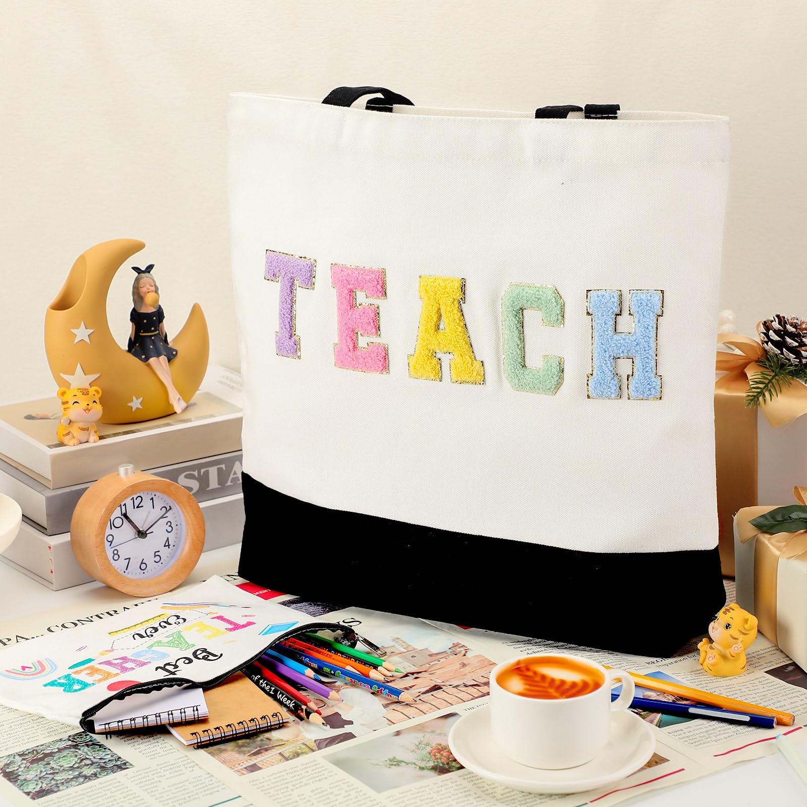 Buryeah 2 Pcs Teacher Appreciation Gift Canvas Tote Bag with Makeup Bag Thank You Teacher Tote for Women Graduation(Letter)