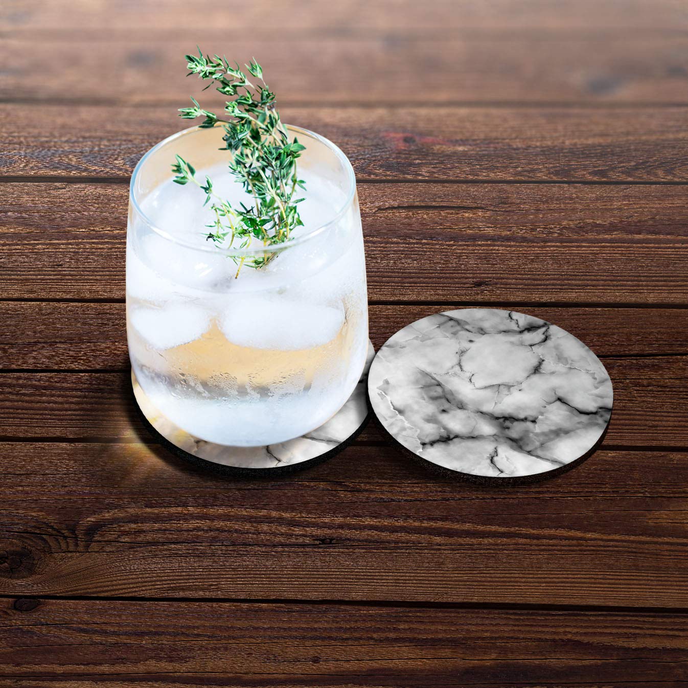 Caribou Coasters , Gray White Marble Design Absorbent Round Fabric Felt Neoprene Car Coasters For Drinks, 2Pcs Set