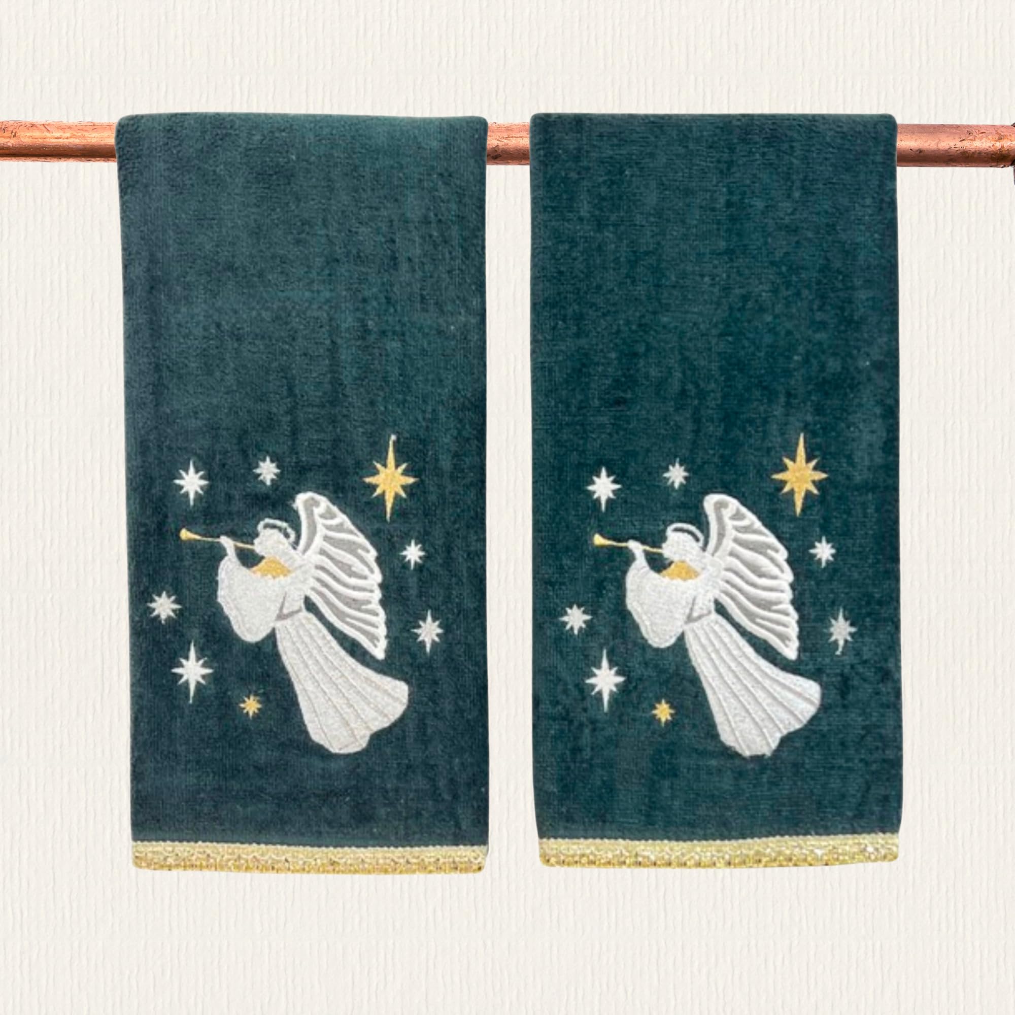 Holiday Christmas Angel Bath Hand Towels, Luxuious Embroidered, Set Of 2, Dark Gray, 16 X 25 Inches, 100% Cotton