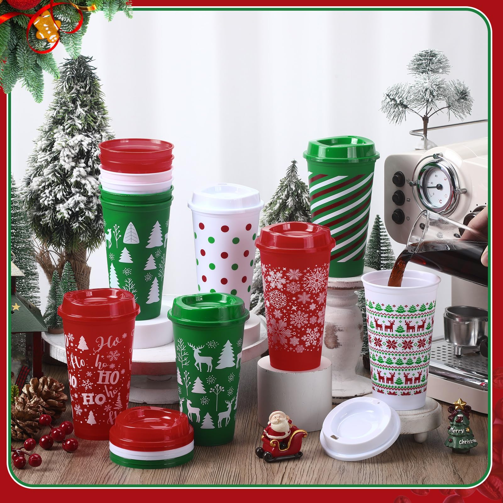 Pickmesh 12 Pcs Christmas Coffee Cups Gifts Bulk 16 oz Reusable Christmas Tree Snowflake Elk Pattern Tumblers with Lid Plastic T