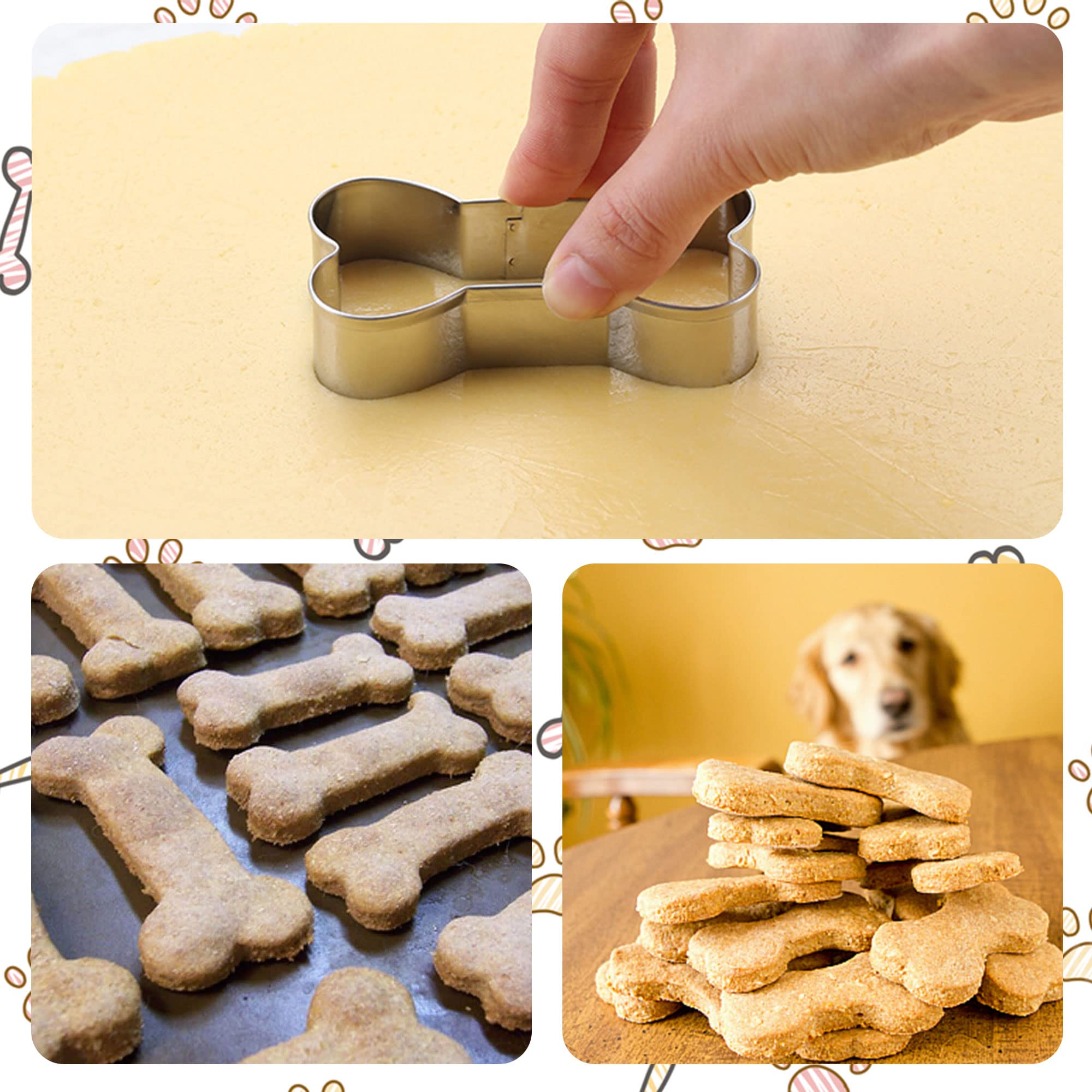 Hottion 8Pcs Dog Bone And Dog Paw Print Cookie Cutters Set, Metal 4 Sizes Dog Bone Paw Shape Cookie Cutters, Dog Theme Party Coo