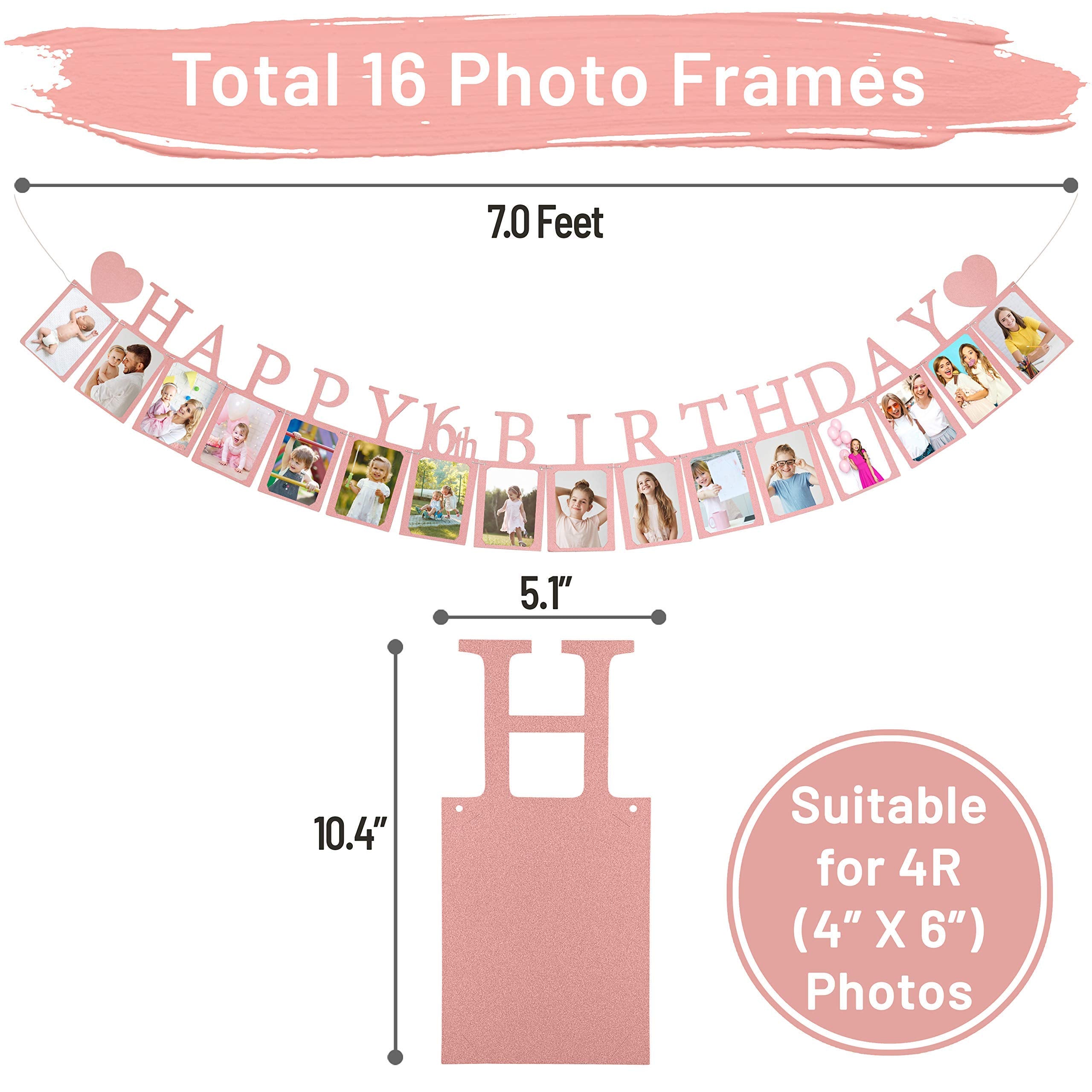 Sweet 16 Birthday Decorations Photo Banner In Rose Gold Pre-Assembled - Sweet 16 Banner With Sixteen Photo Card Frames Party Sup